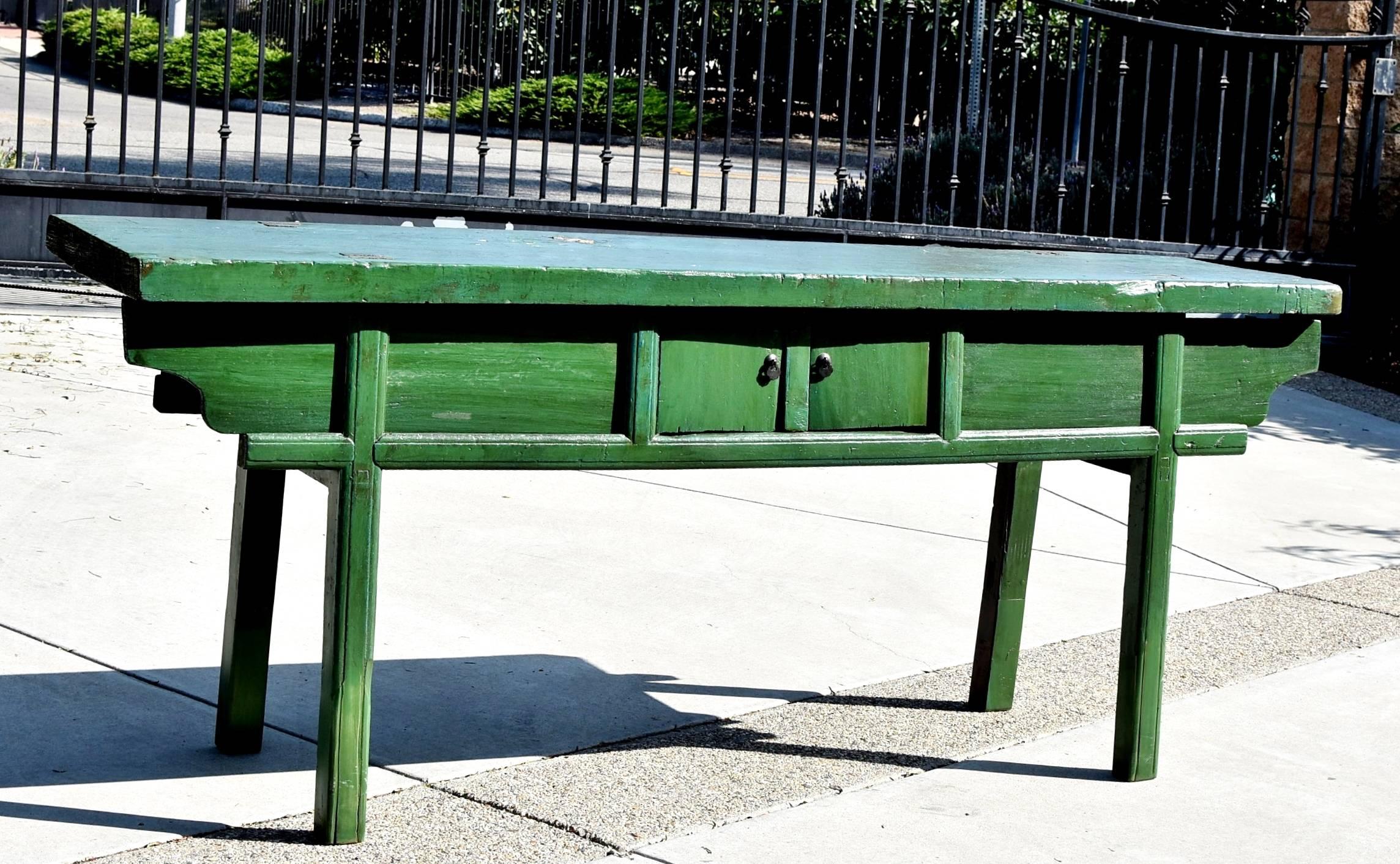 Green Rustic Antique Farm Table, Single Board, Sliding Doors 1