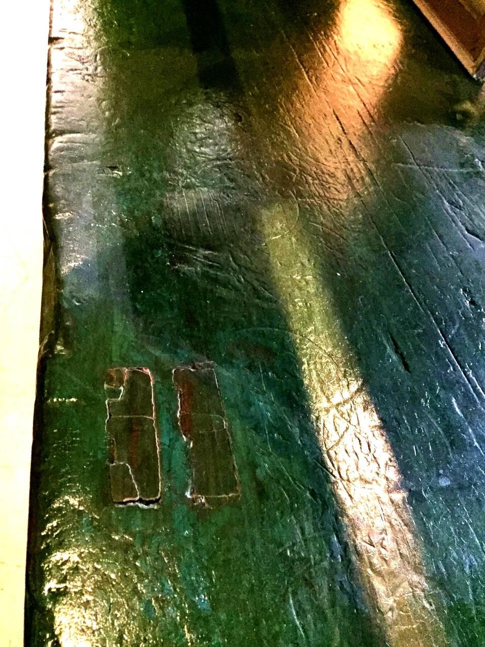 Green Rustic Antique Farm Table, Single Board, Sliding Doors 2