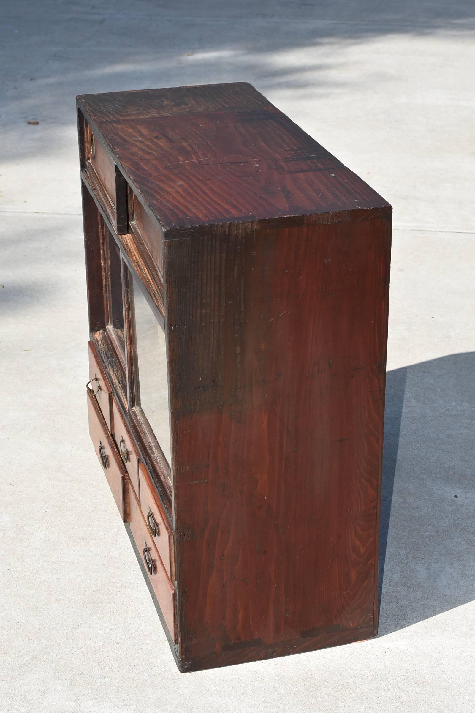 20th Century Small Vintage Japanese Chest with Burl Wood Fronts