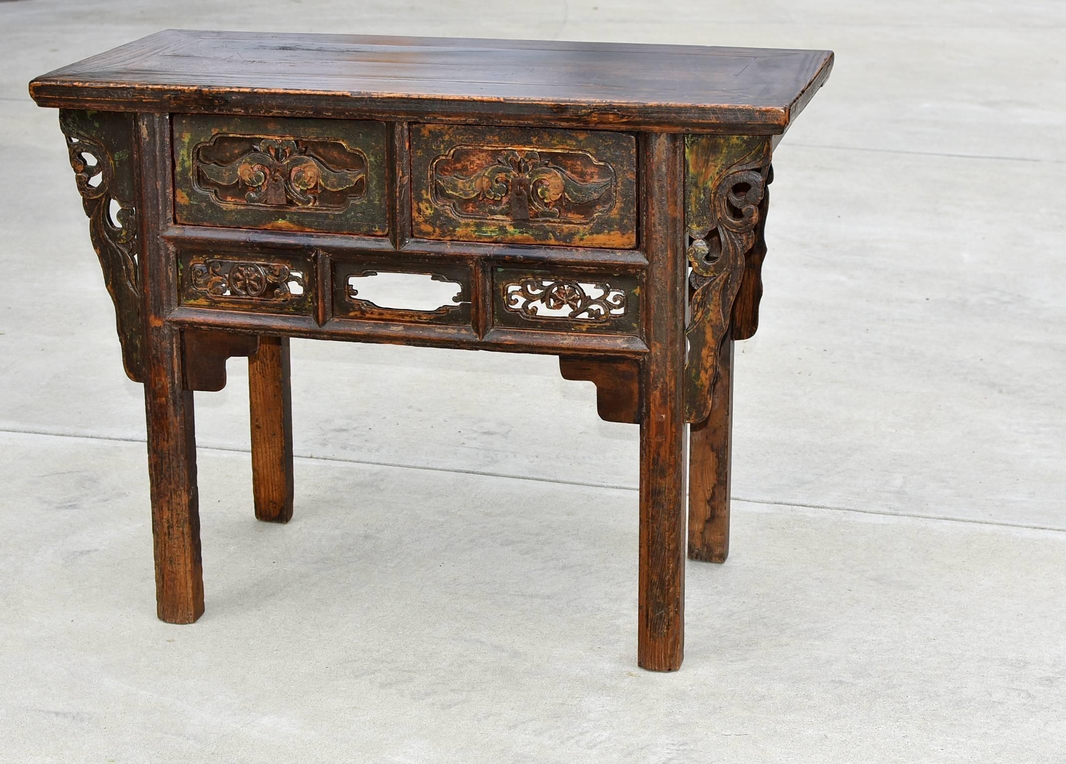 Hand-Carved 19th Century, Carved Table, Chinese Antique Table with Peony
