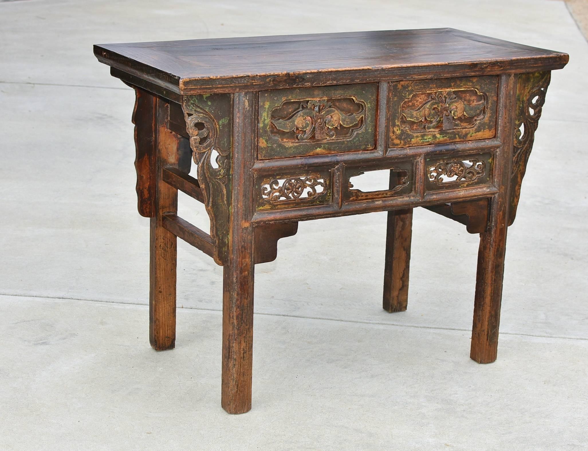 19th Century, Carved Table, Chinese Antique Table with Peony In Good Condition In Somis, CA