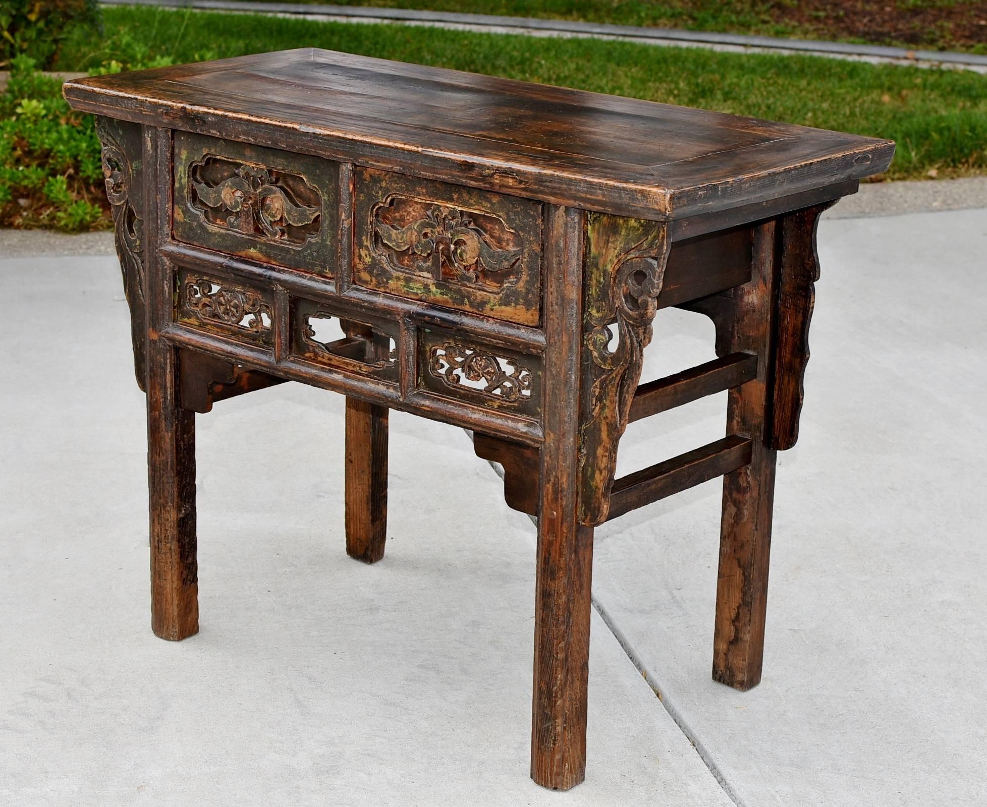 19th Century, Carved Table, Chinese Antique Table with Peony 5