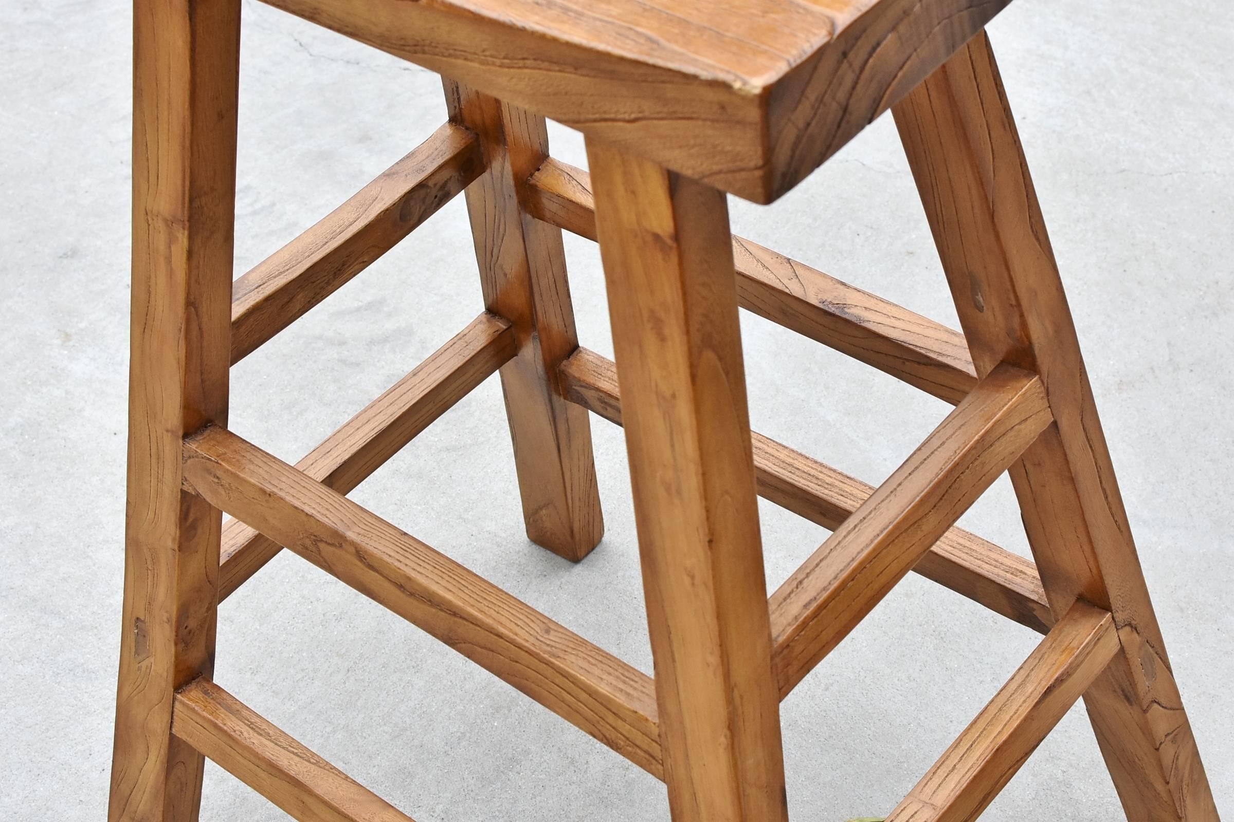 Joinery Pair of Asian Solid Elm Wood Bar Stools
