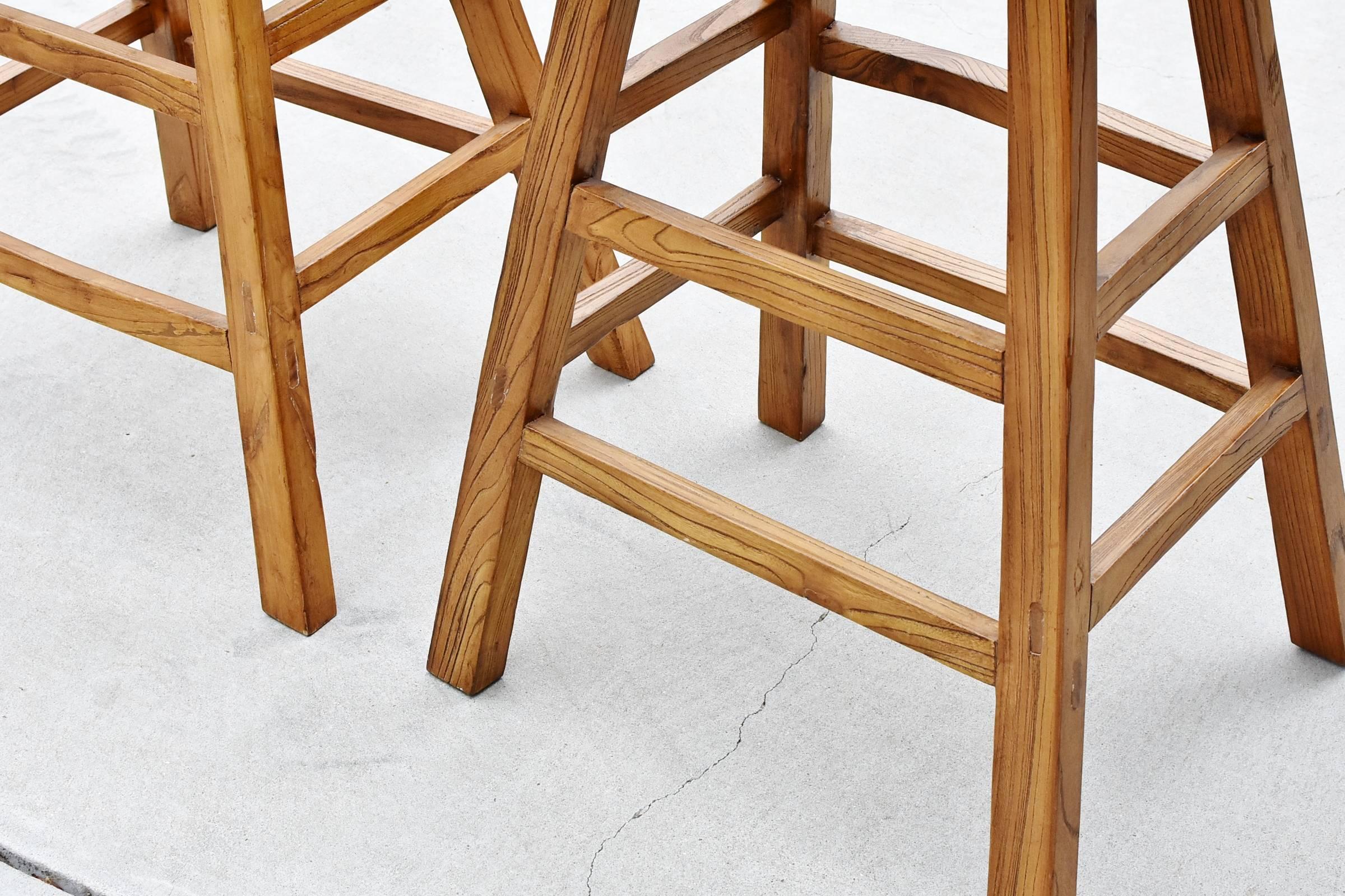 Contemporary Pair of Asian Solid Elm Wood Bar Stools