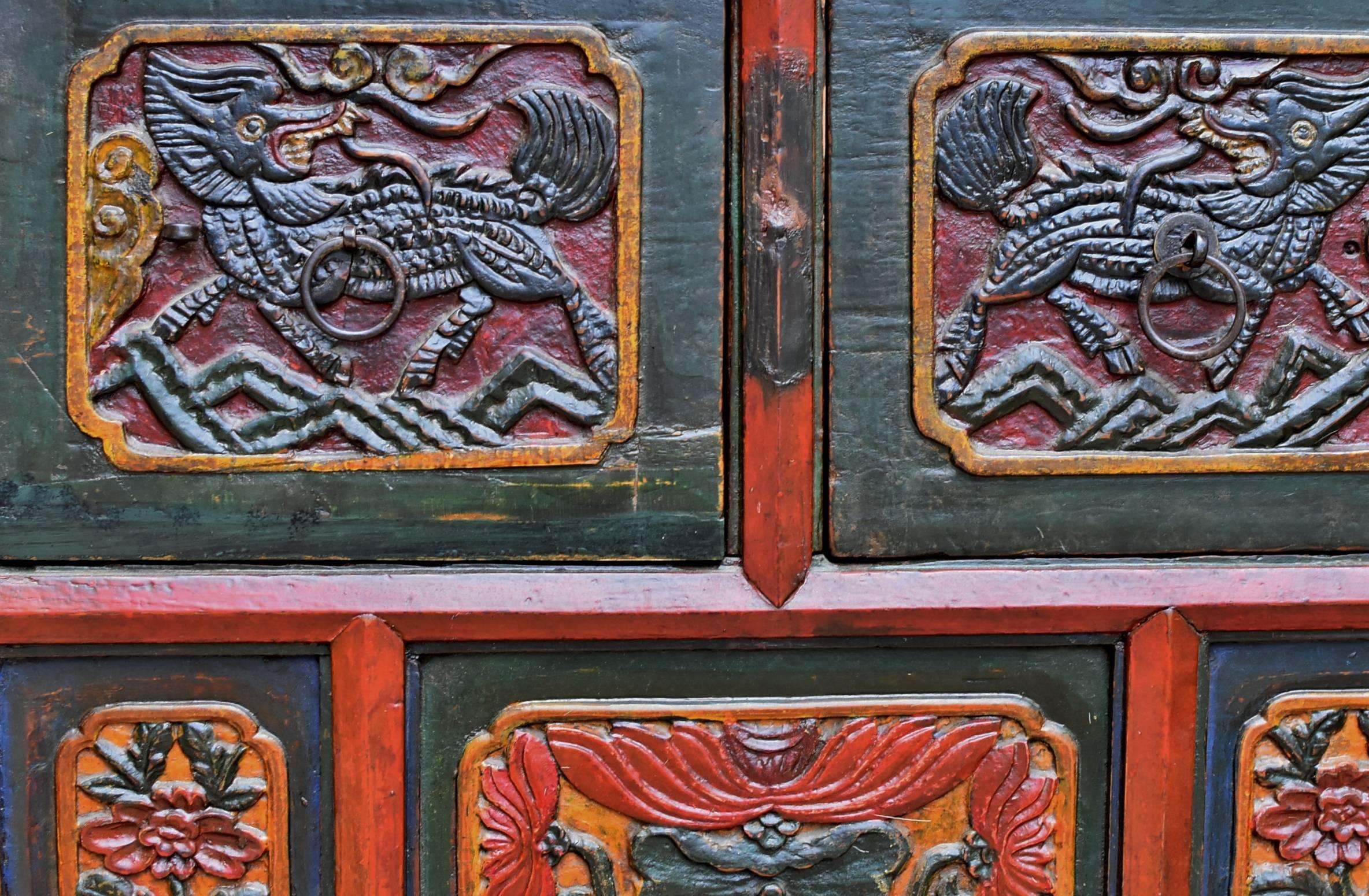 19th Century Tibetan Deep Chest, Hand-Carved, Hand-Painted 1