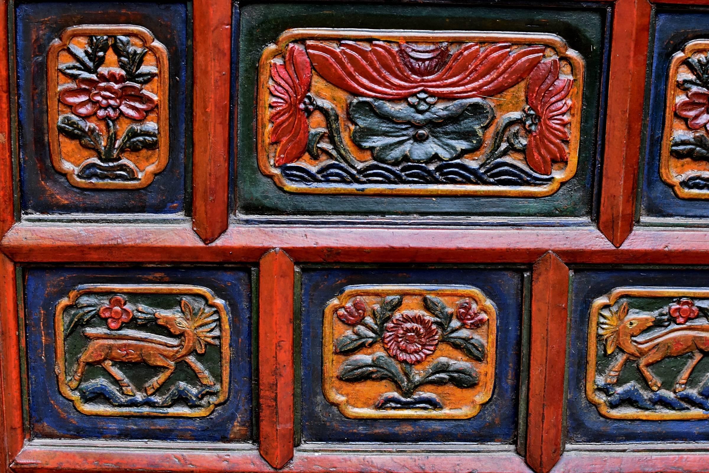 19th Century Tibetan Deep Chest, Hand-Carved, Hand-Painted 2