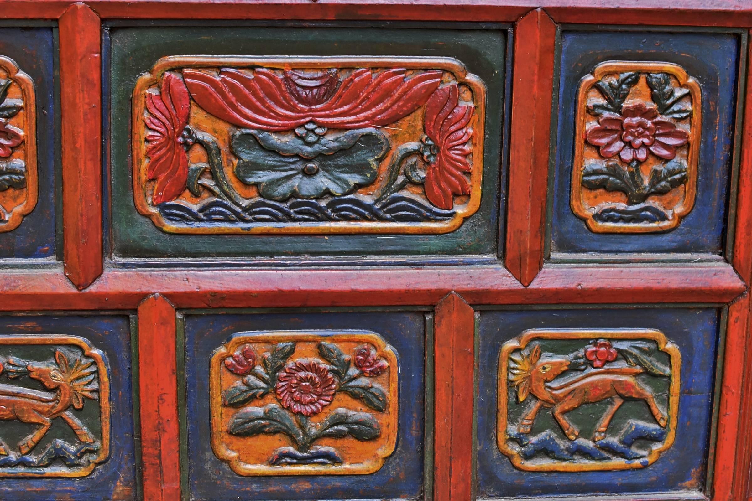 19th Century Tibetan Deep Chest, Hand-Carved, Hand-Painted 5