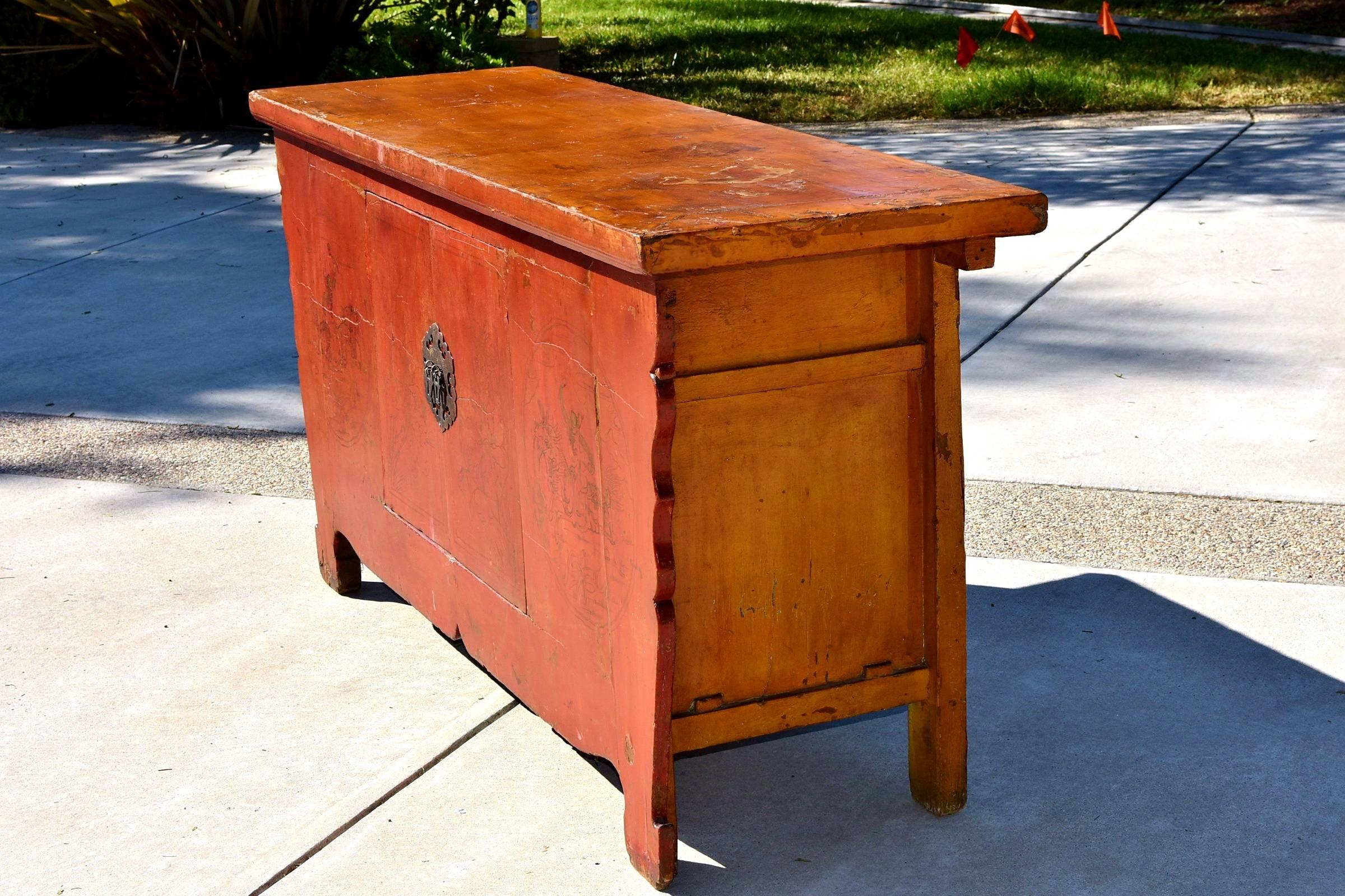 Chinese 19th Century Red Lacquer Harmony Chest, with Single Solid Slab Top