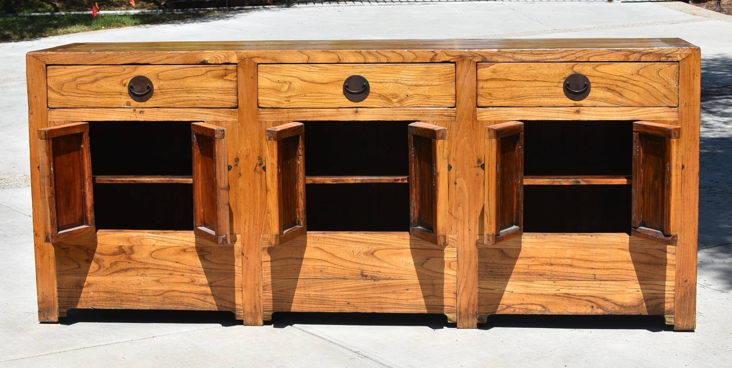 Antique Solid Elm Wood Sideboard, Natural Finish, Northern Chinese In Good Condition In Somis, CA