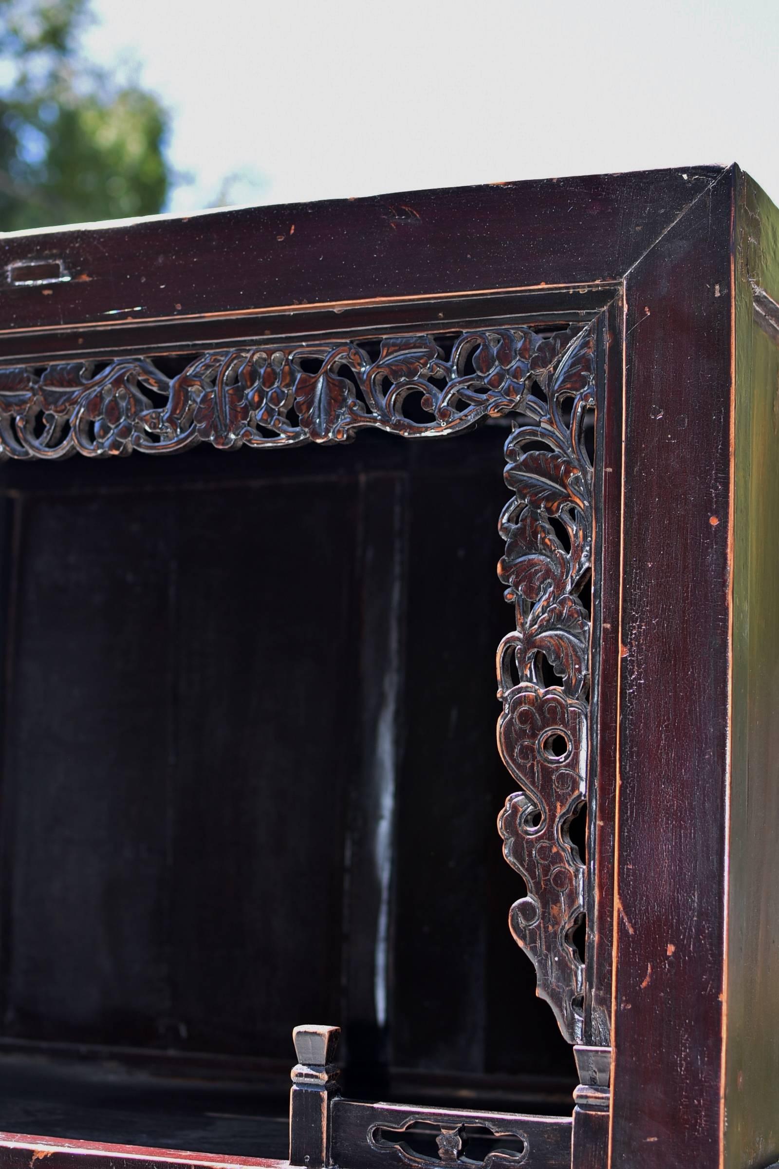 Chinese Antique Scholar's Cabinet with Carved Grapevine For Sale 4