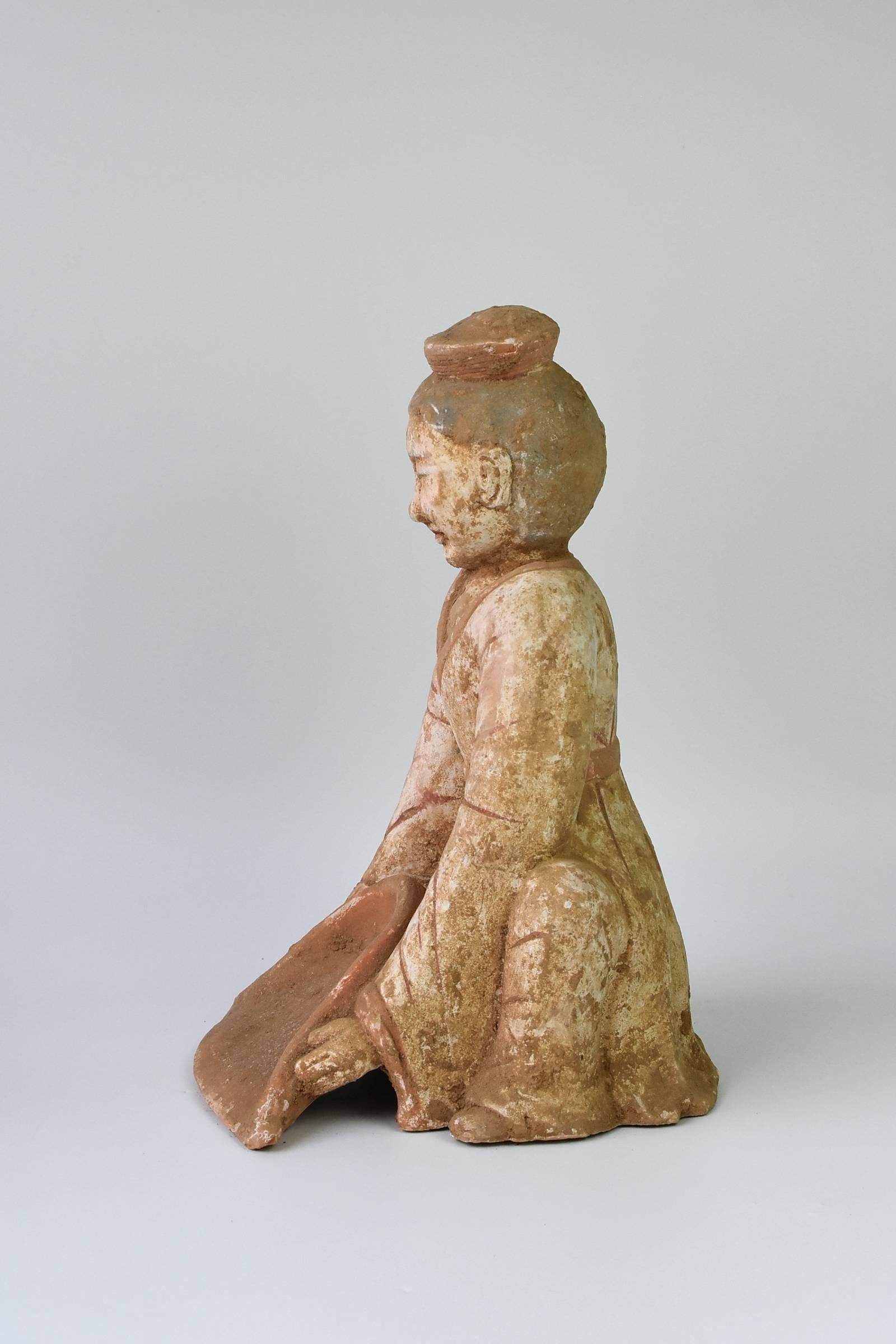 Terracotta Farmer, Han Dynasty Style Pottery Figure In Good Condition In Somis, CA