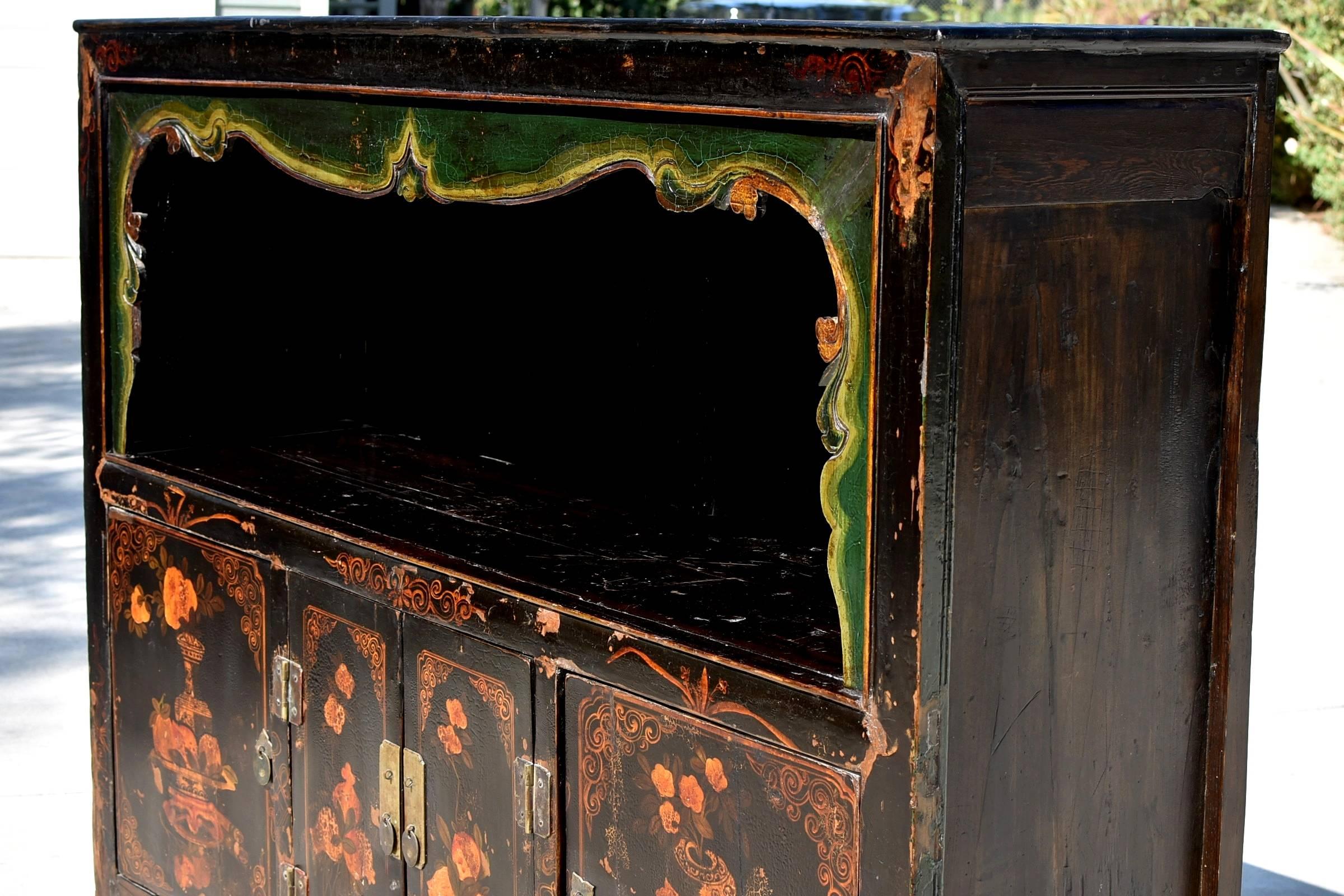 Chinese Antique Scholar's Chest with Painted Pomegranates, Open Light Bookcase For Sale