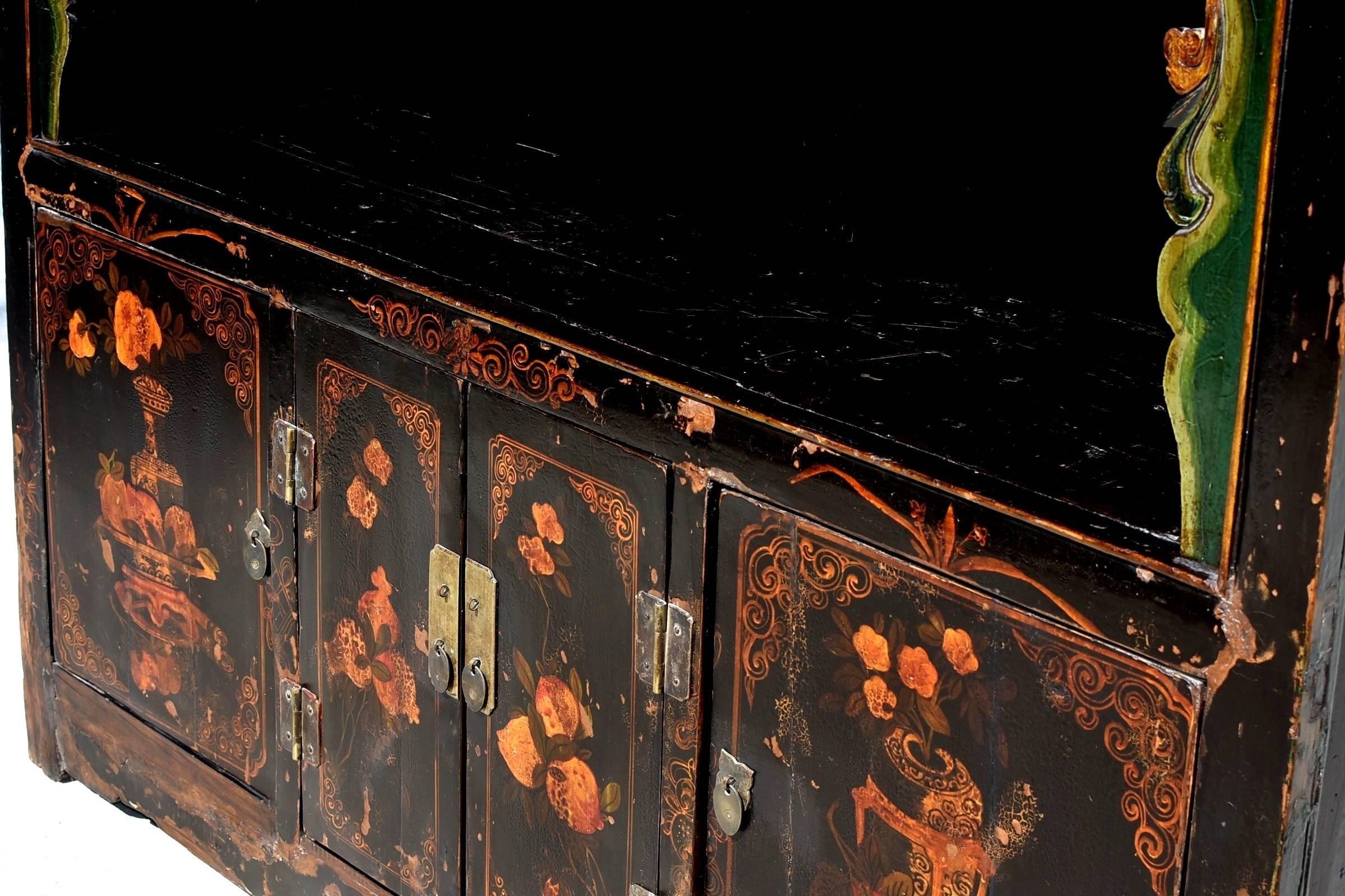 Hand-Carved Antique Scholar's Chest with Painted Pomegranates, Open Light Bookcase For Sale