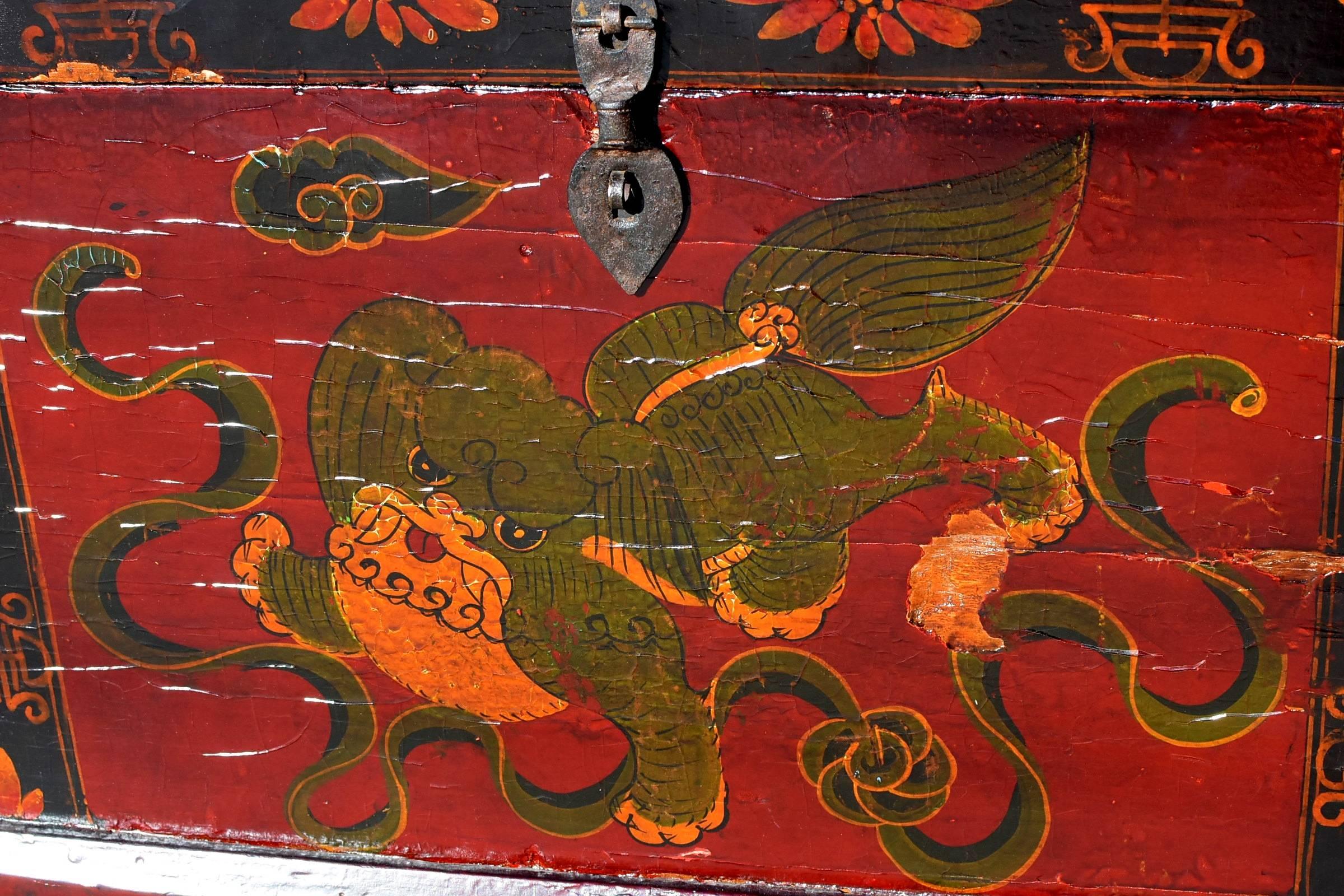 Chinese Large Painted Box with Foo Dog, Antique Trunk