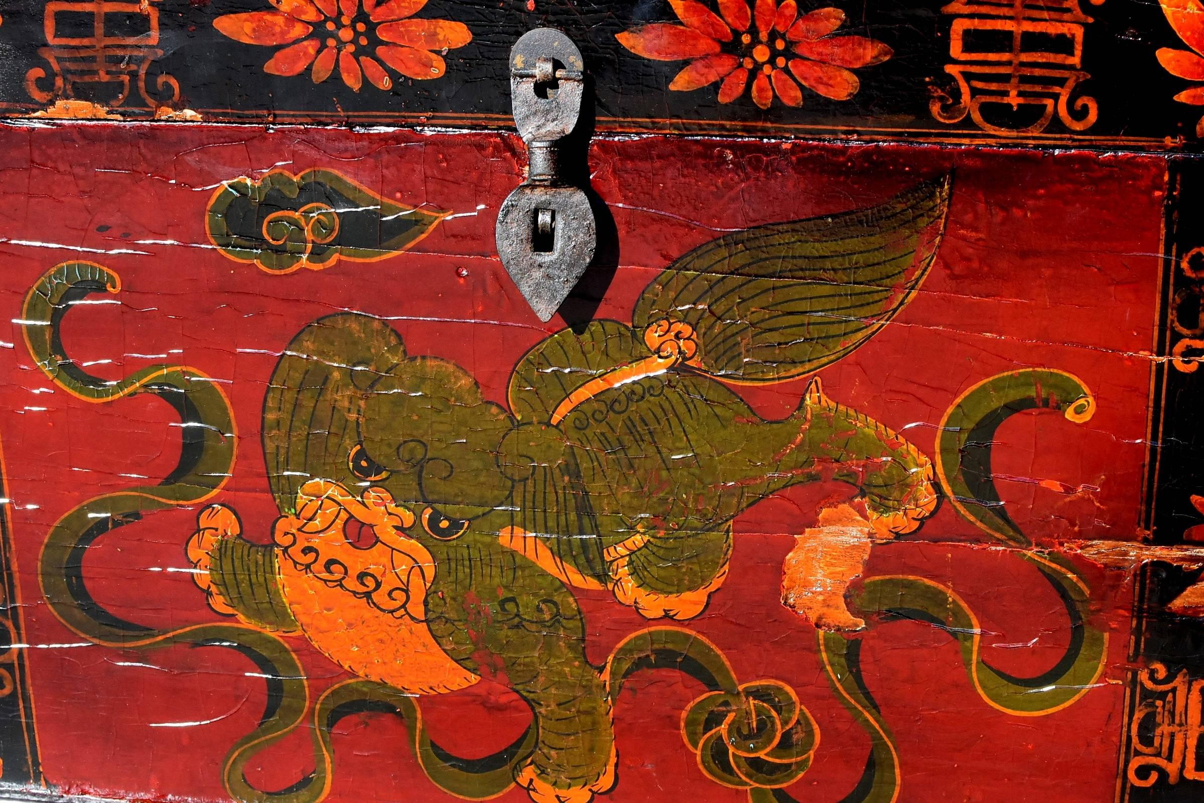 19th Century Large Painted Box with Foo Dog, Antique Trunk