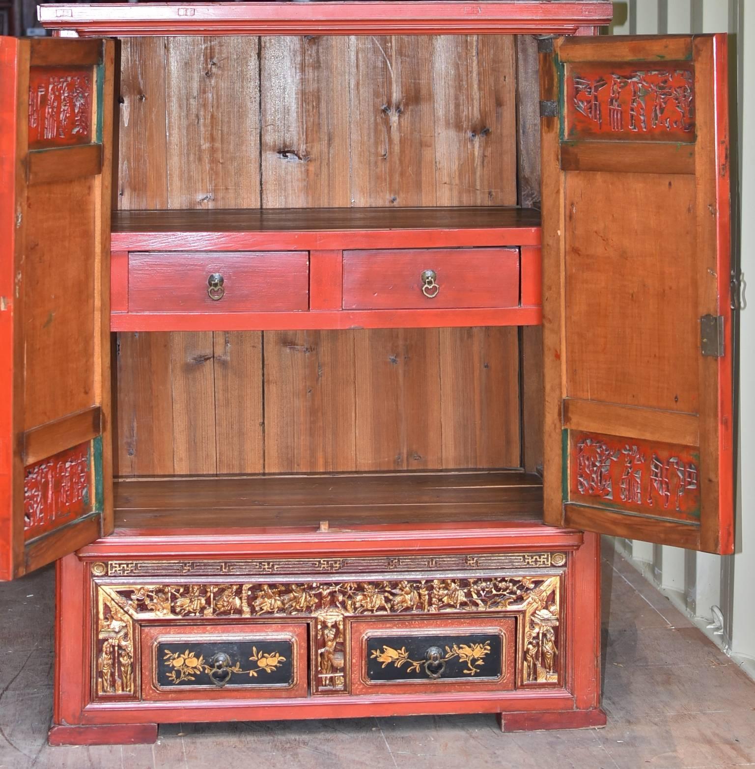 Hand-Painted Antique Red Gilded Carved Scholar's Cabinet For Sale