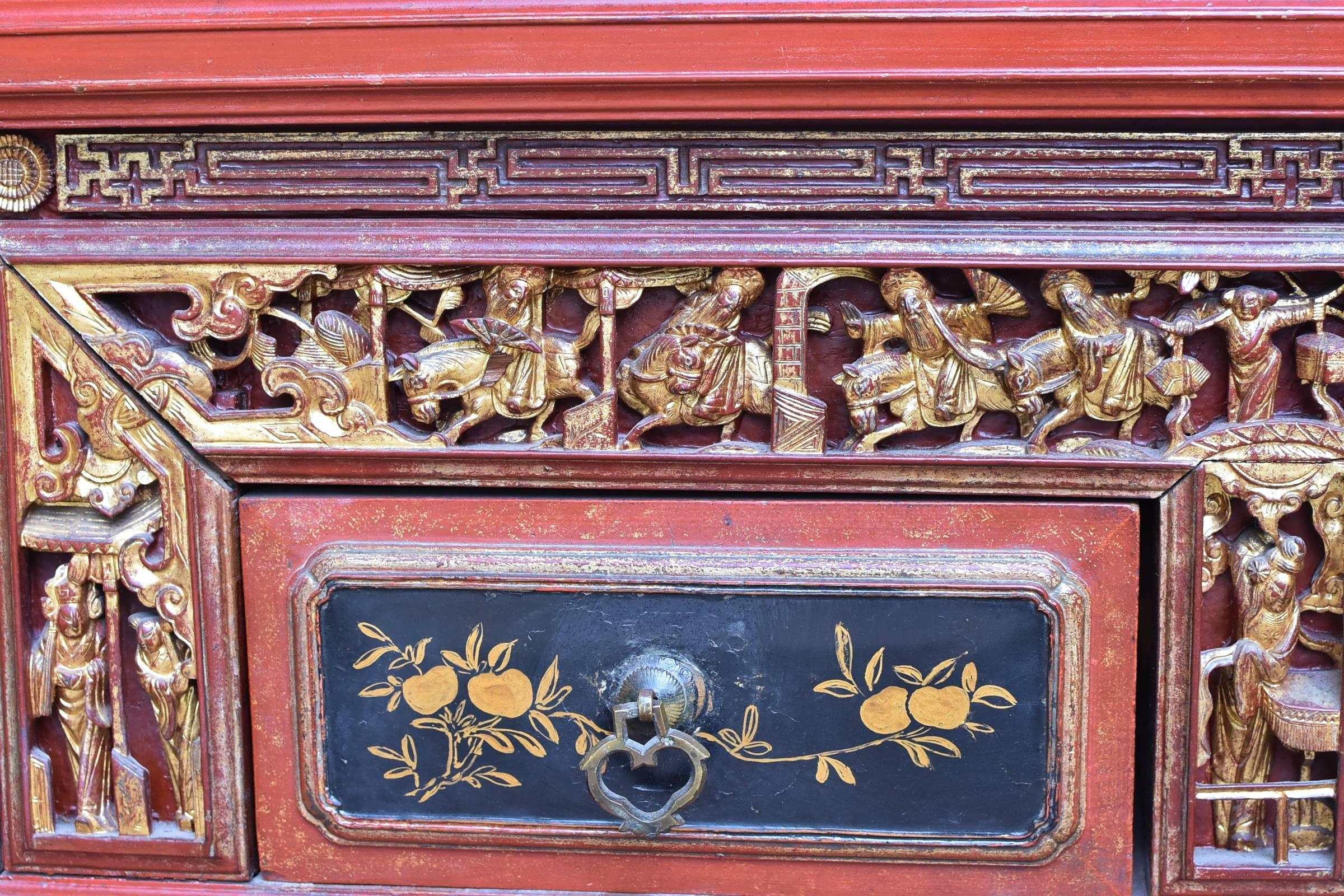 Wood Antique Red Gilded Carved Scholar's Cabinet For Sale