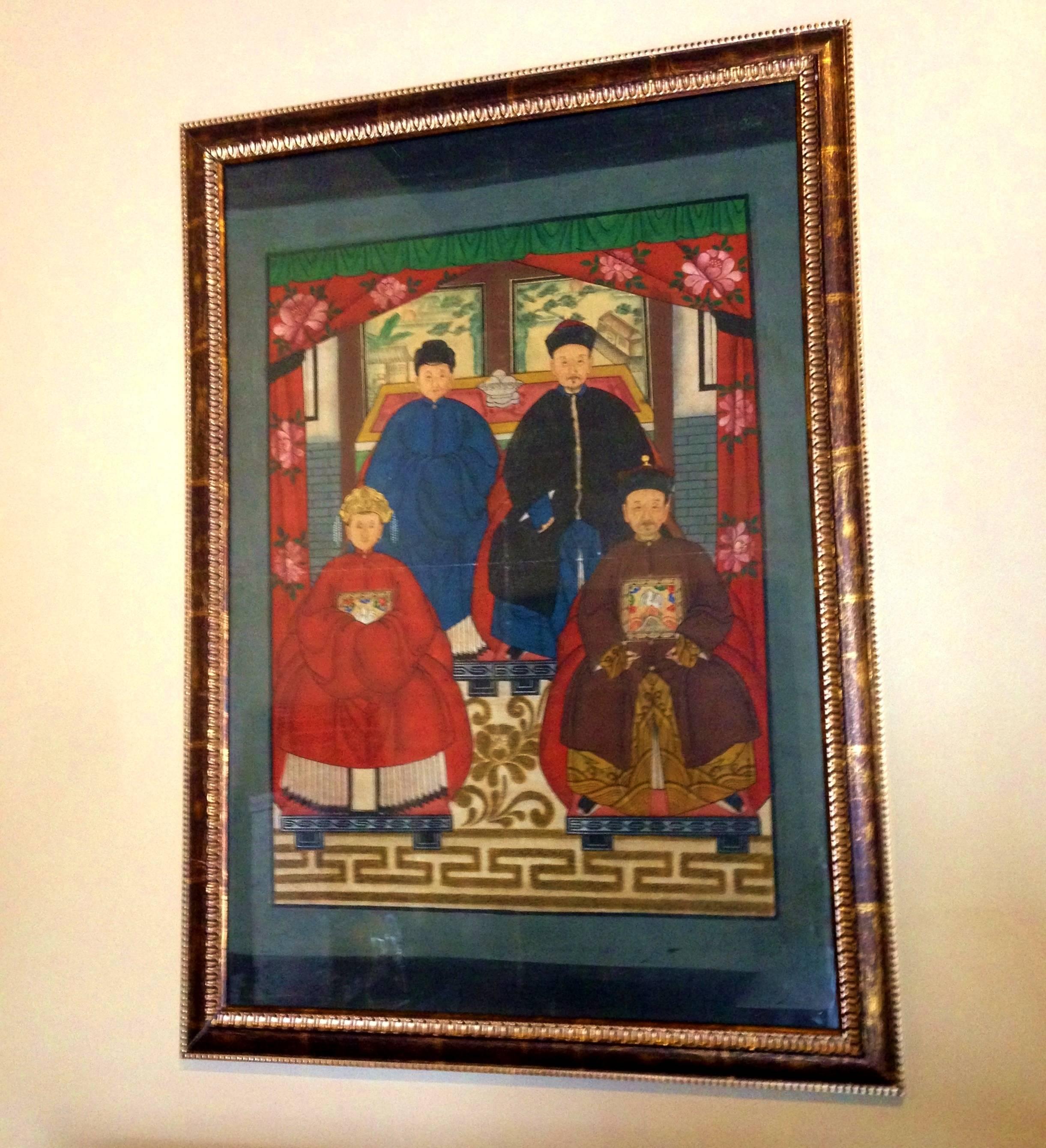 This is an authentic, original, Chinese family ancestor's portrait that is hand-painted on canvas, colored using natural ingredients, such as lapis and saffron. Genuine lapis lazuli stone was grounded to generate the gorgeous blue while saffron and