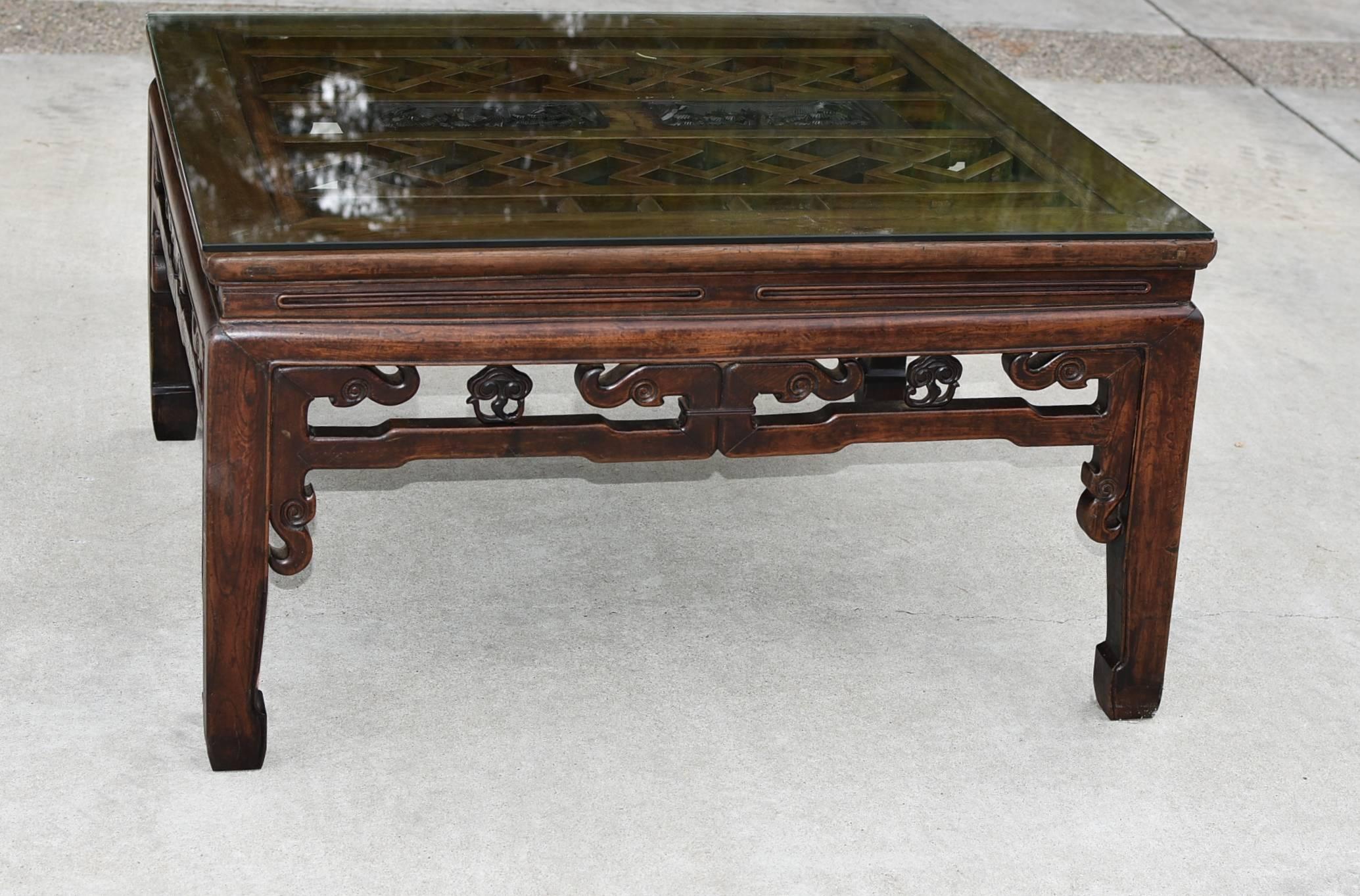 Square Asian Coffee Table with Antique Longevity Screen 2