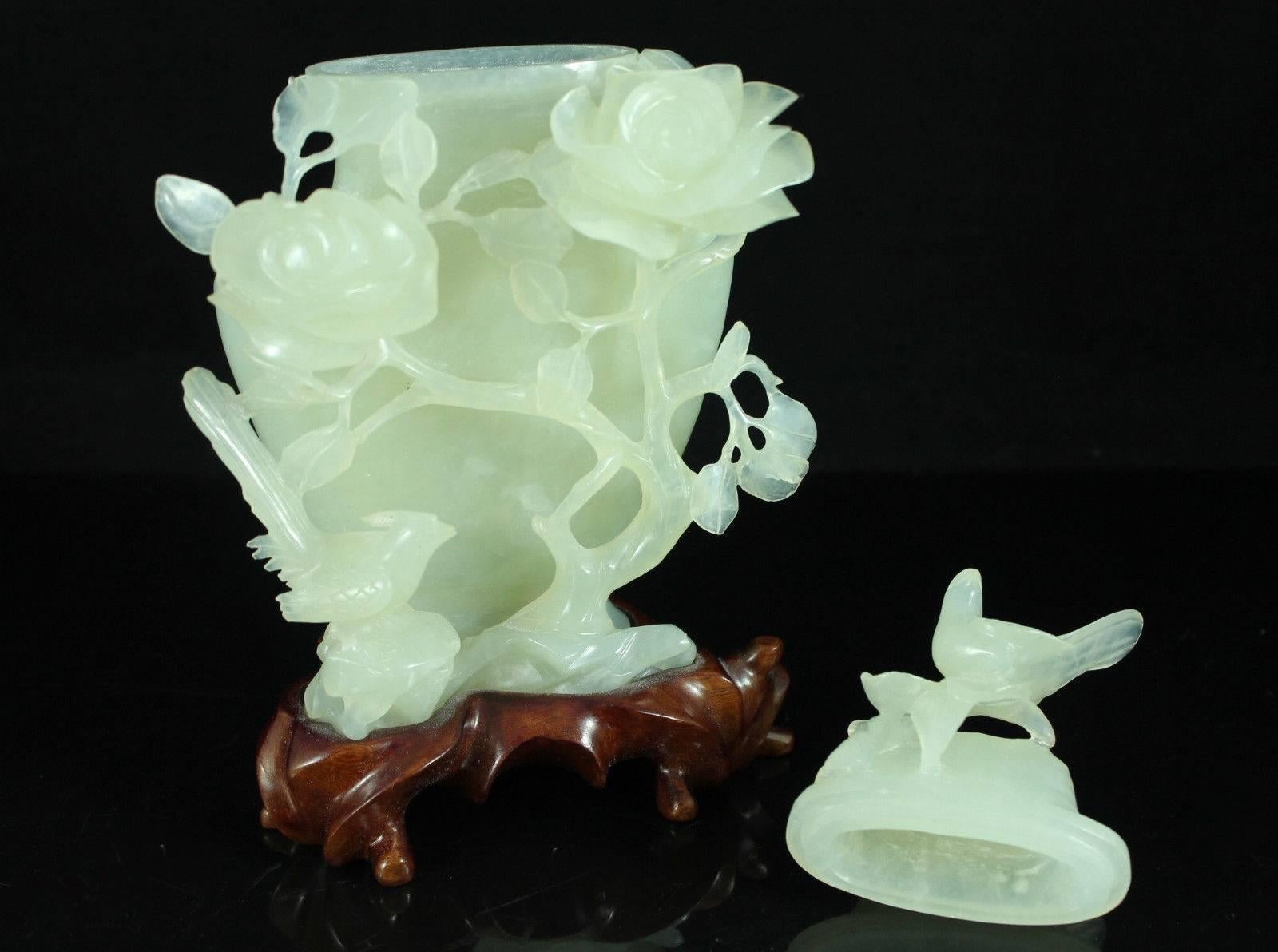 Chinese Jade Serpentine Vase with Birds and Roses