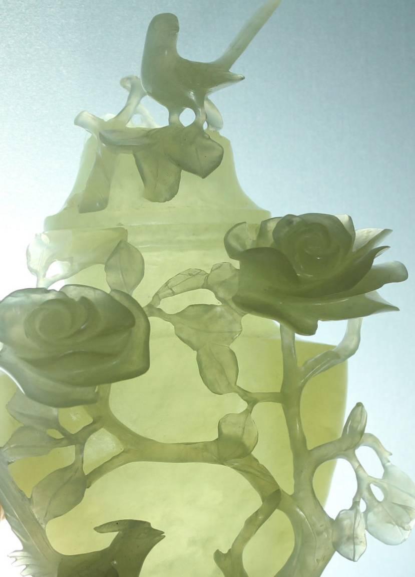 Hand-Crafted Jade Serpentine Vase with Birds and Roses