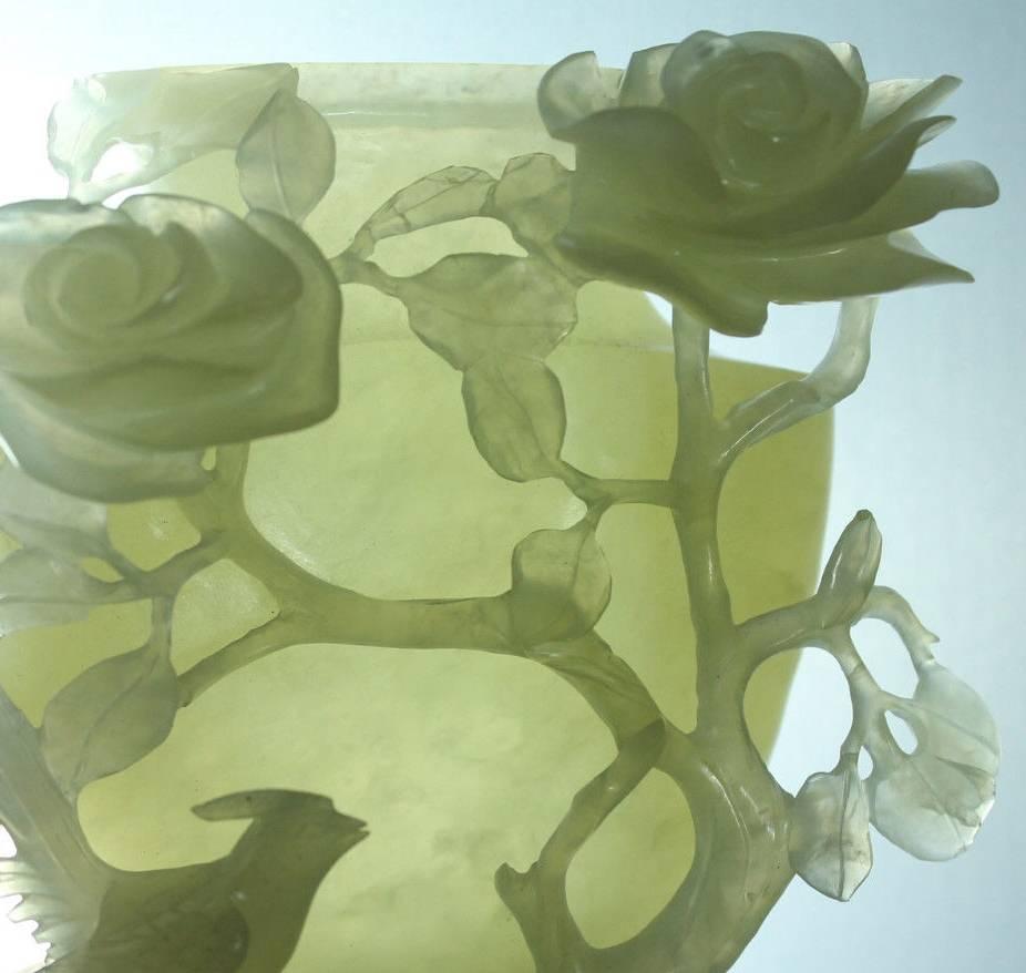 20th Century Jade Serpentine Vase with Birds and Roses