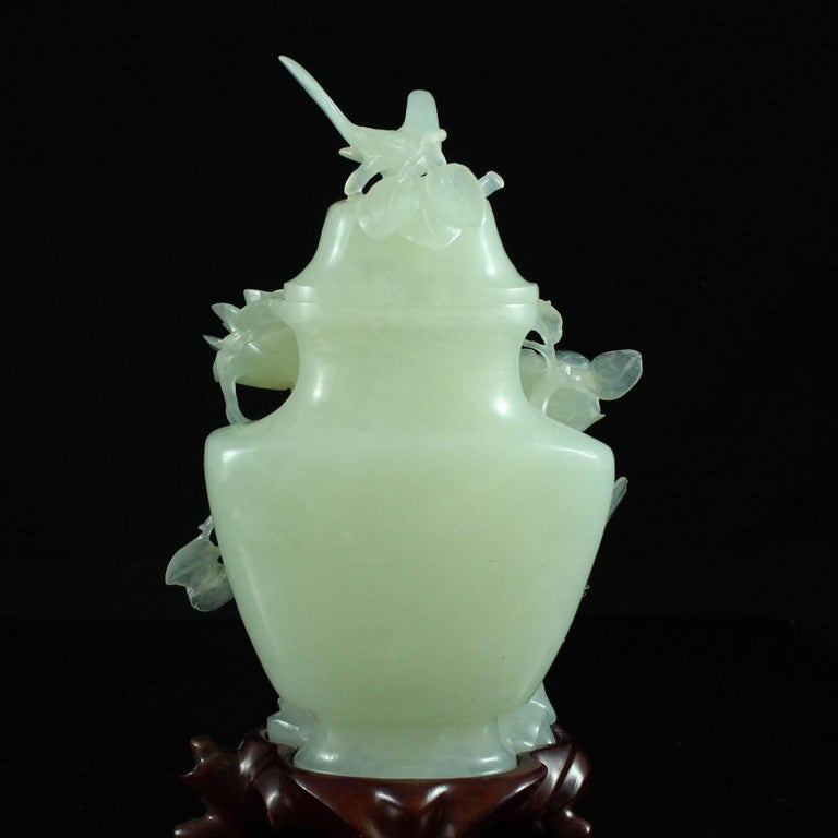 Jade Style Serpentine Vase with Birds and Roses For Sale at 1stdibs