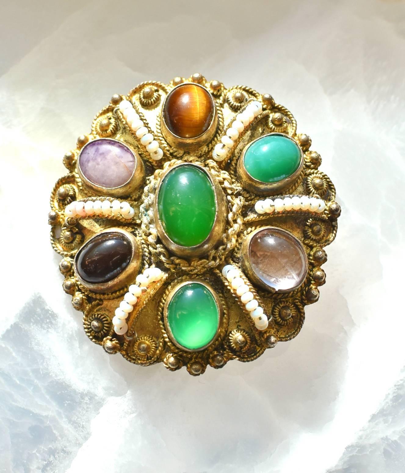 Israeli Jade Pendant, Gemstone Sterling Brooch, Vintage