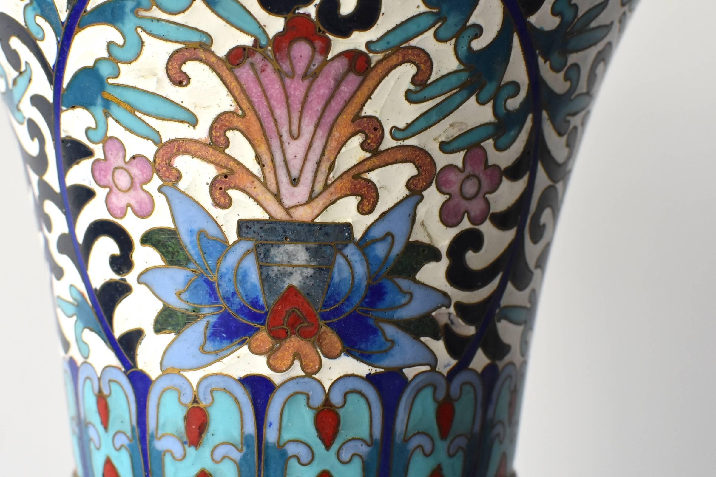 Very Large Cloisonné Vase with Blue Peonies In Excellent Condition In Somis, CA