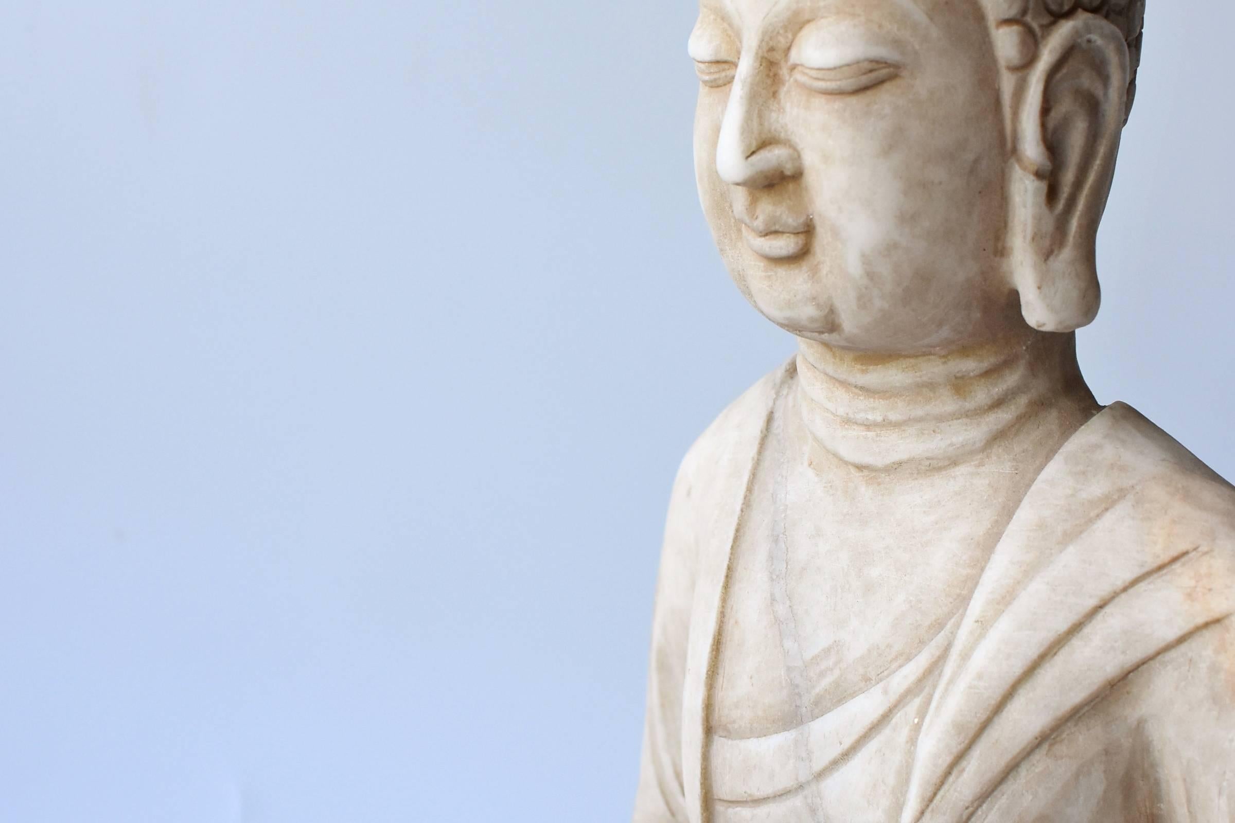 White Marble Stone Buddha Statue, Hand-Carved In Good Condition In Somis, CA