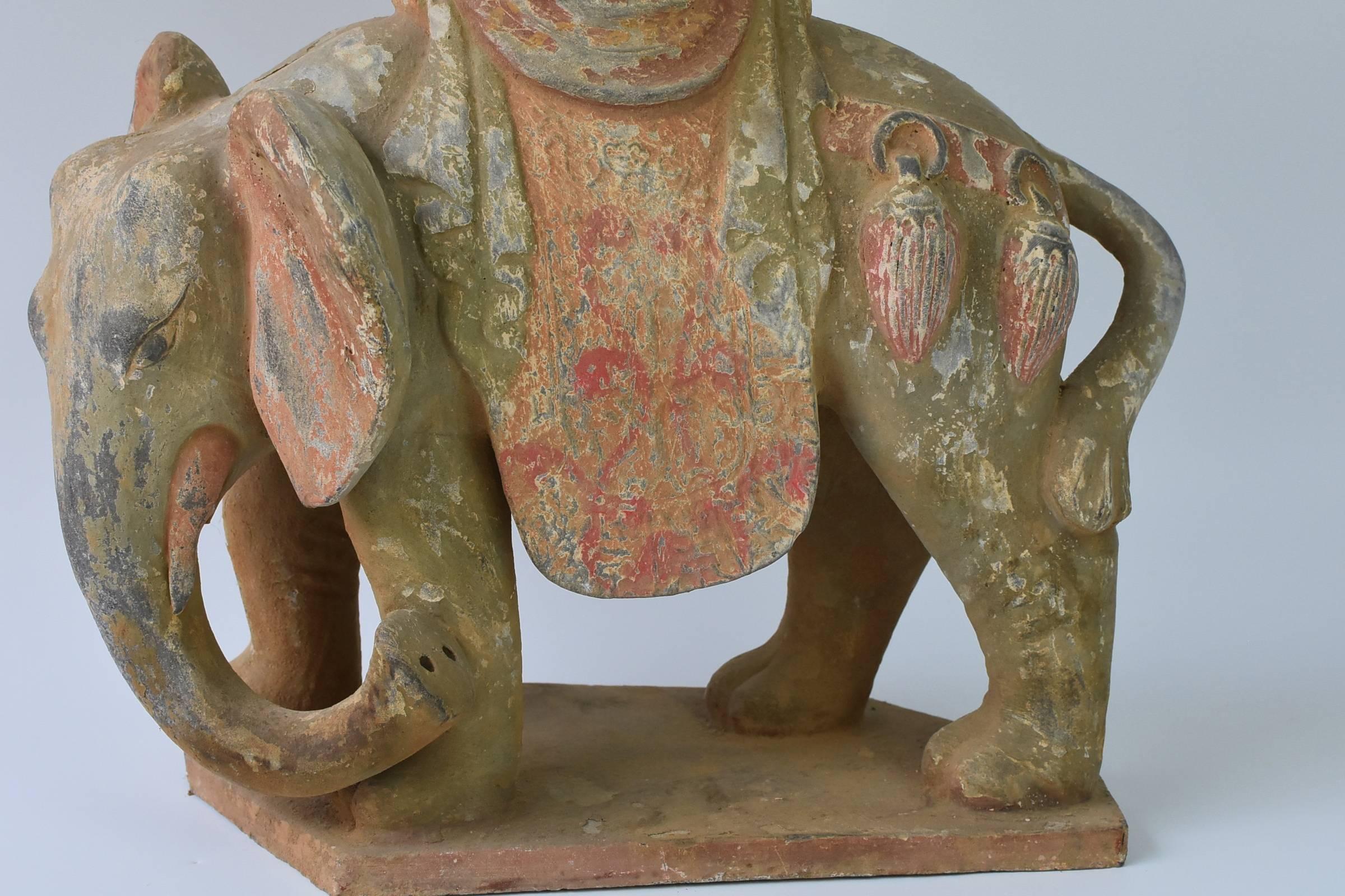 Hand-Painted Pottery Buddha Statue, Goddess of Kindness, Tang Style Bodhisattva on Elephant