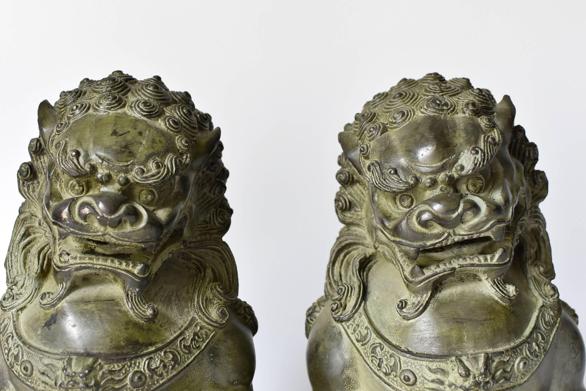 Large Bronze Foo Dogs, Pair, Very Fine In Good Condition In Somis, CA