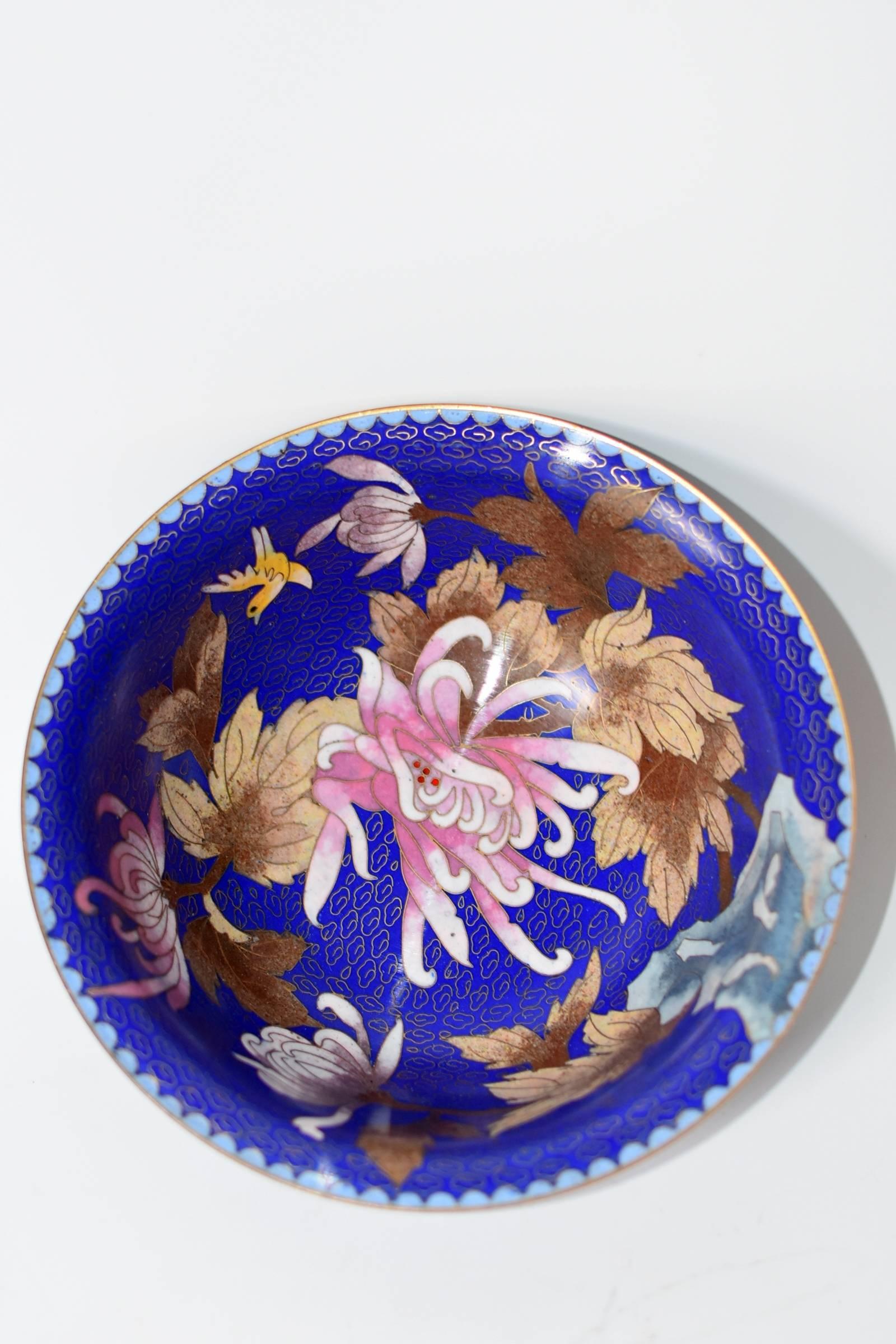 Chinese Cloisonne Bowl, Lapis with Marble Peony and Chrysanthemum