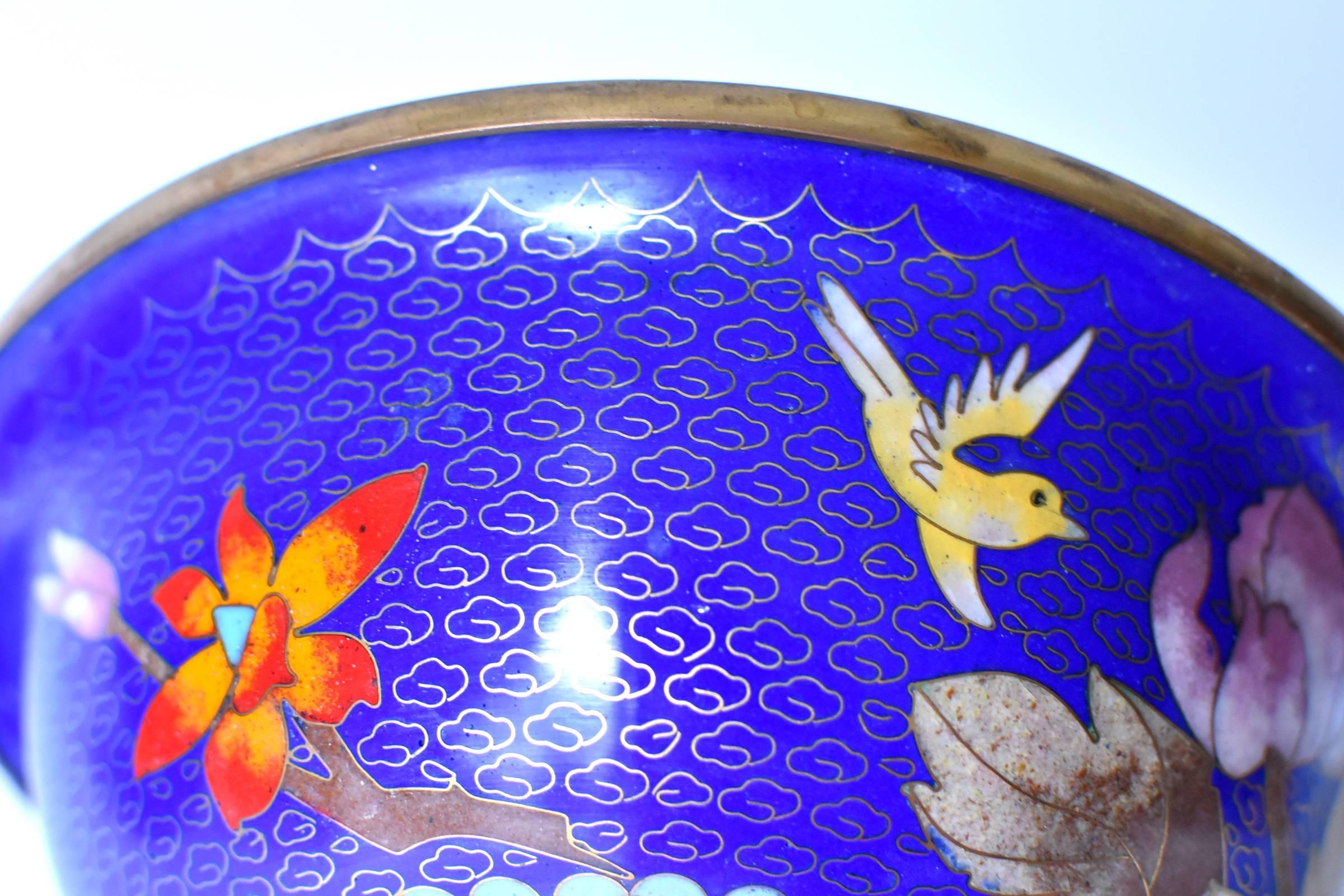 Cloisonne Bowl, Lapis with Marble Peony and Chrysanthemum In Excellent Condition In Somis, CA