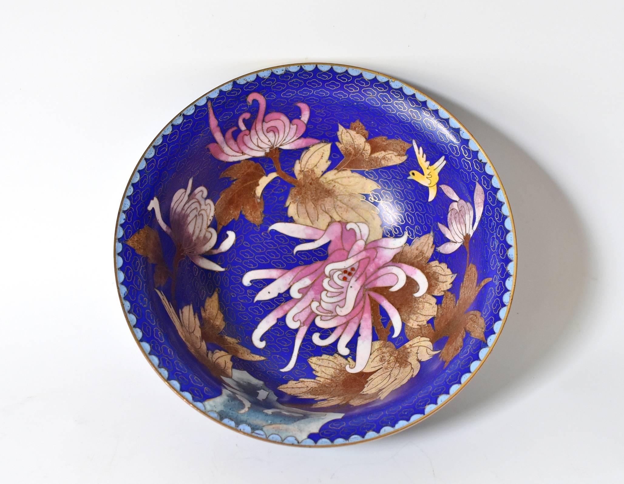 Brass Cloisonne Bowl, Lapis with Marble Peony and Chrysanthemum