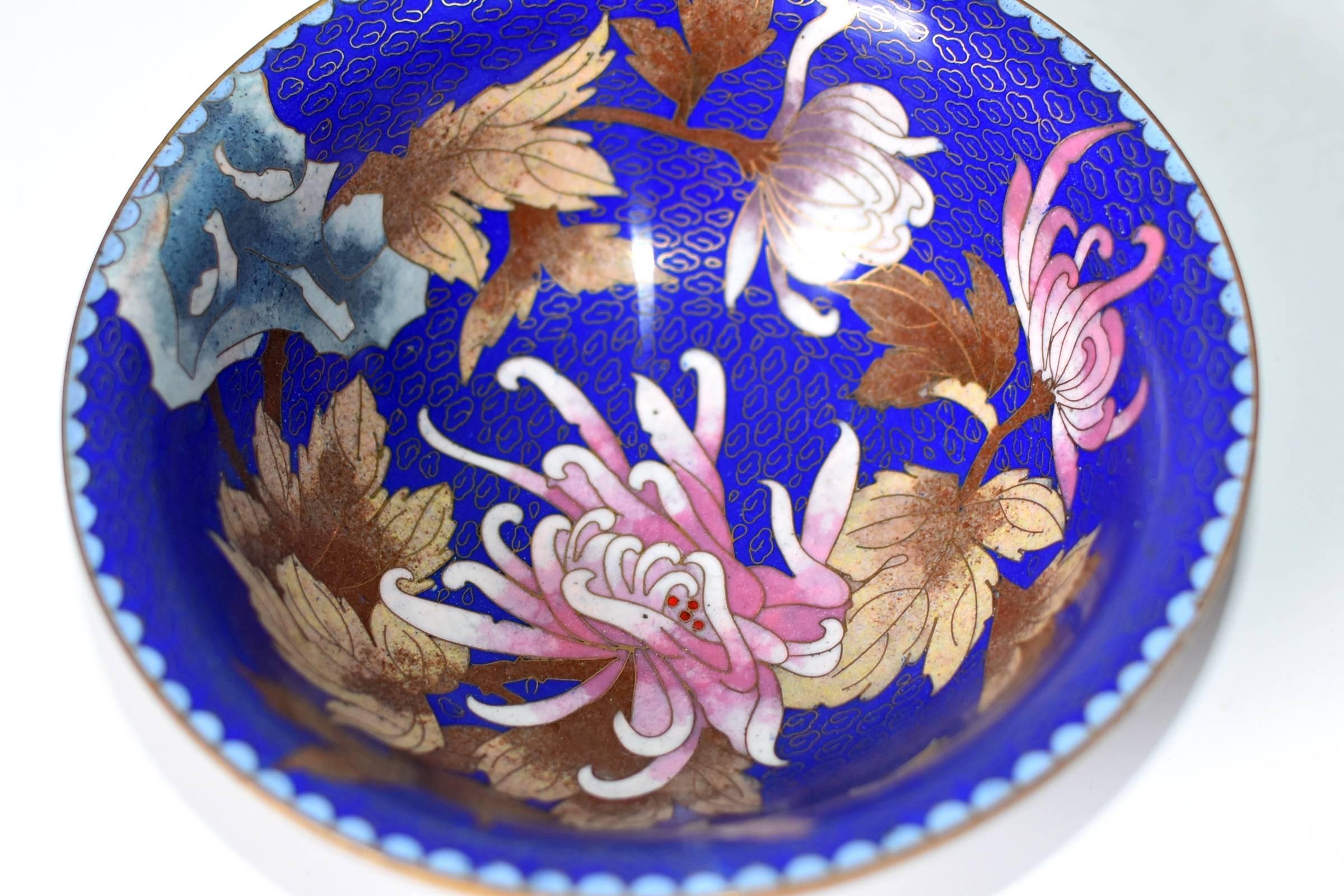 Cloisonne Bowl, Lapis with Marble Peony and Chrysanthemum 2