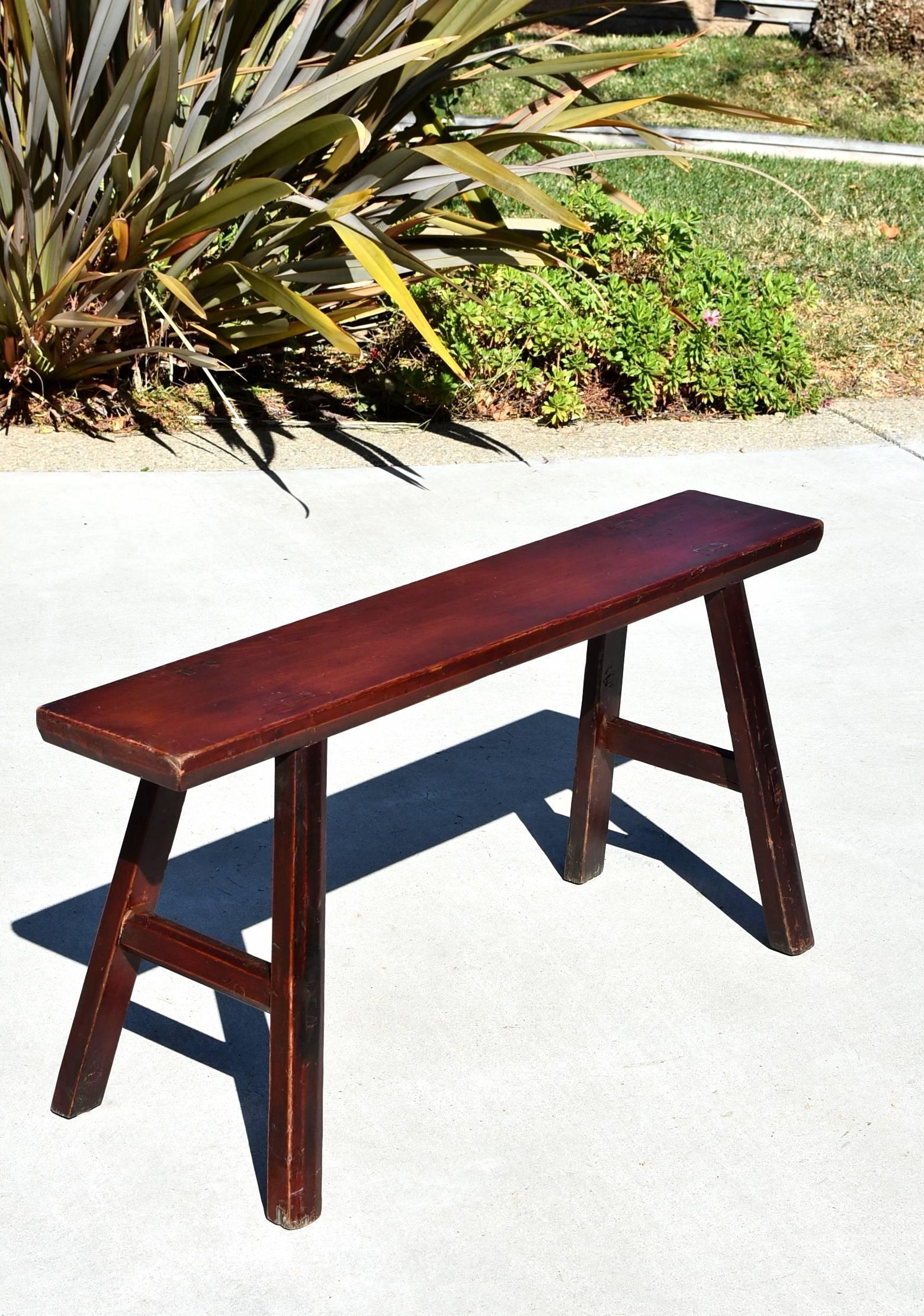 Joinery Antique Chinese Bench, Solid Wood, Reddish Brown