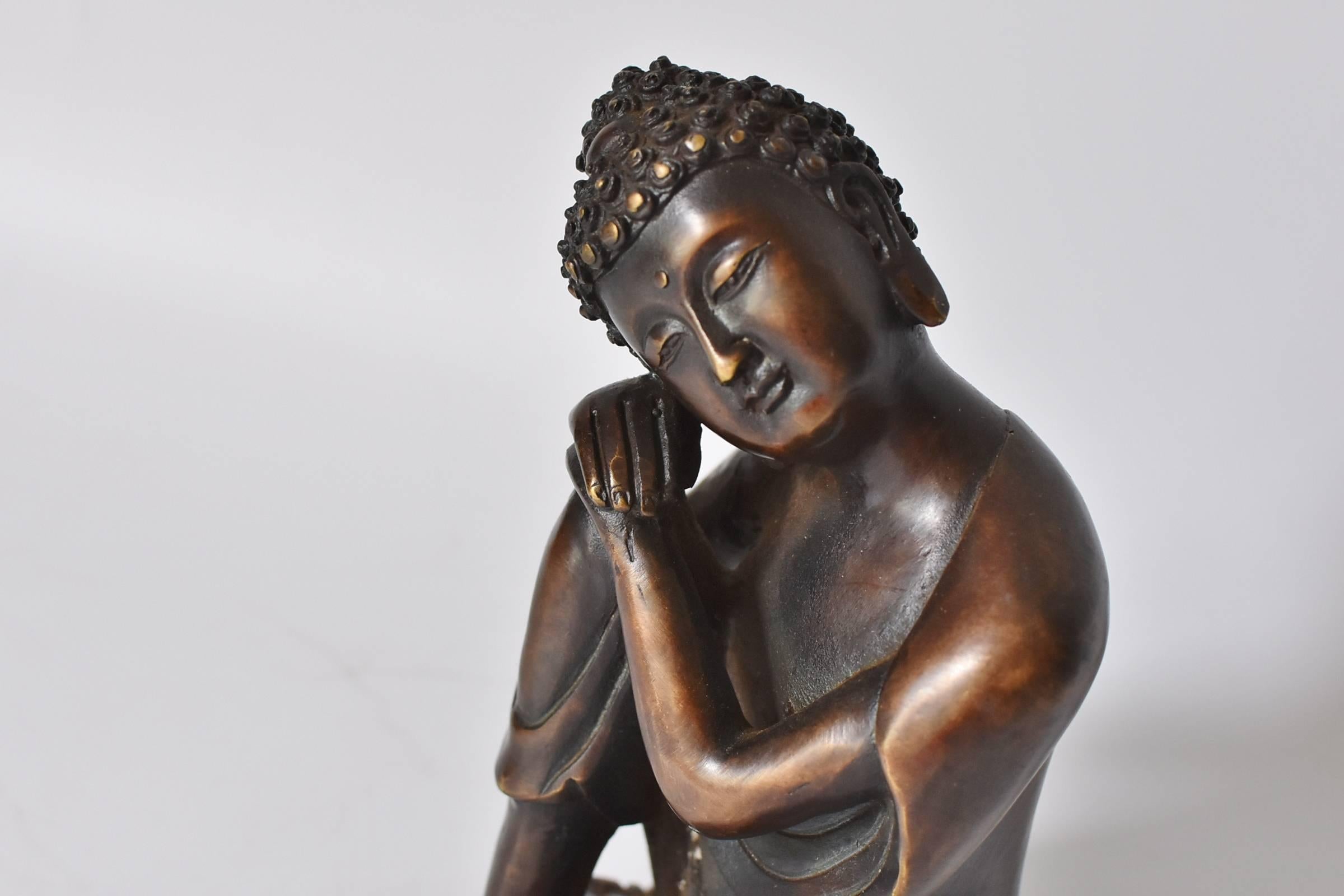 Bronze Buddha Statue, a Thinking Buddha In Excellent Condition In Somis, CA