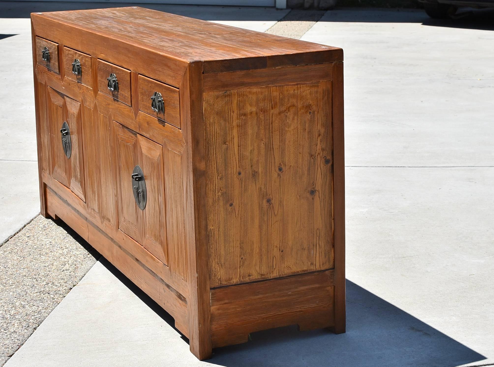 Solid Elm Wood Sideboard, Rustic Wood Finish In Good Condition In Somis, CA