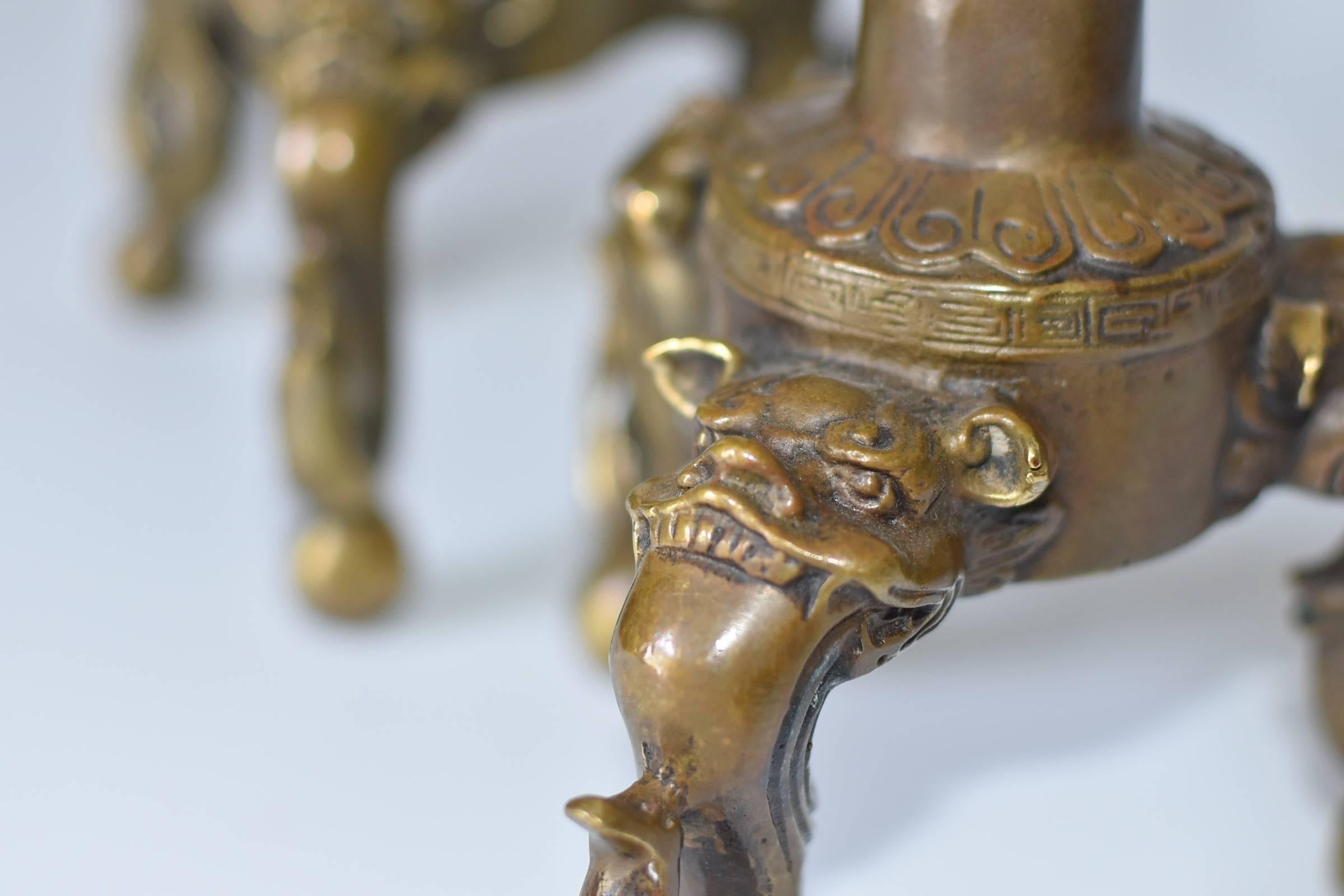 Pair of Brass Candle Holders with Lotus Leaf and Frog In Good Condition In Somis, CA