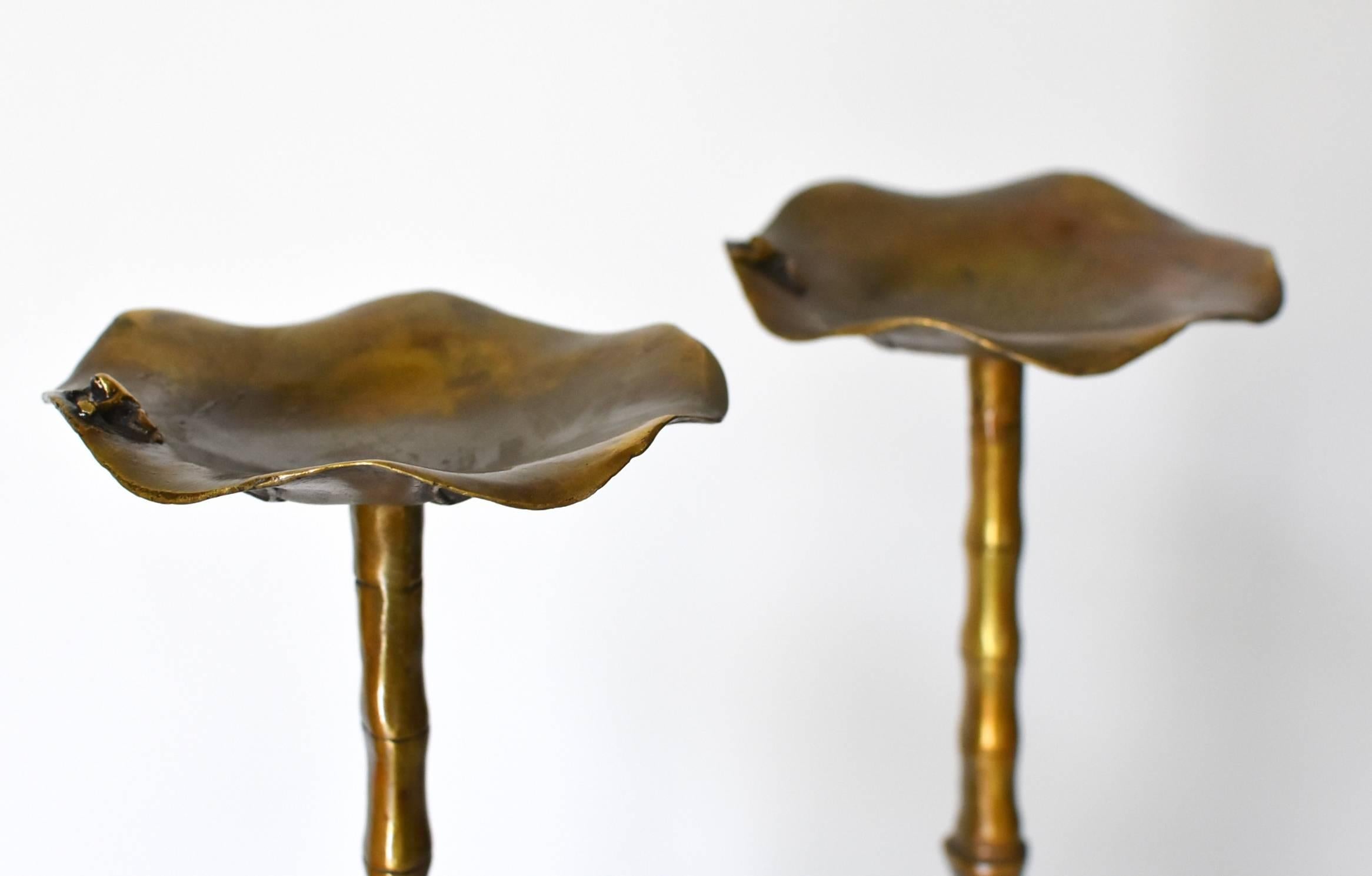 Pair of Brass Candle Holders with Lotus Leaf and Frog 1