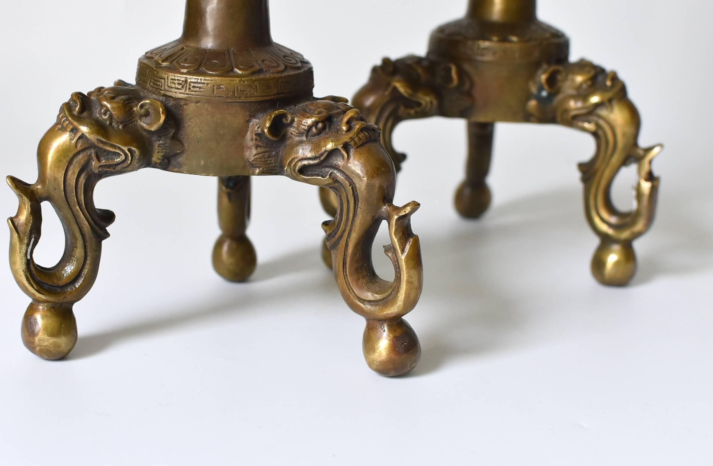 Pair of Brass Candle Holders with Lotus Leaf and Frog 4