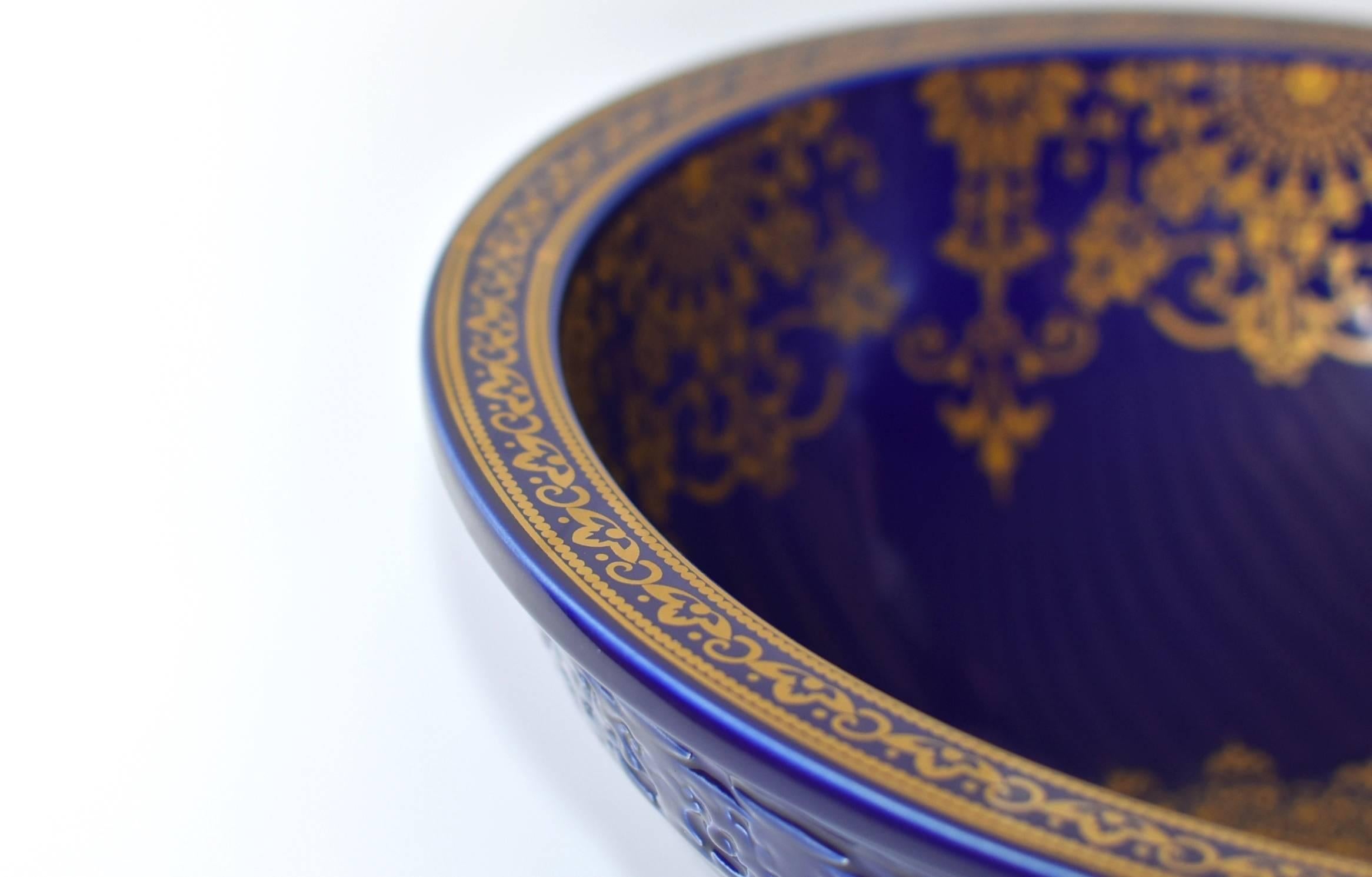 Cobalt Blue Ceramic Sink with Gold Flora In Excellent Condition In Somis, CA