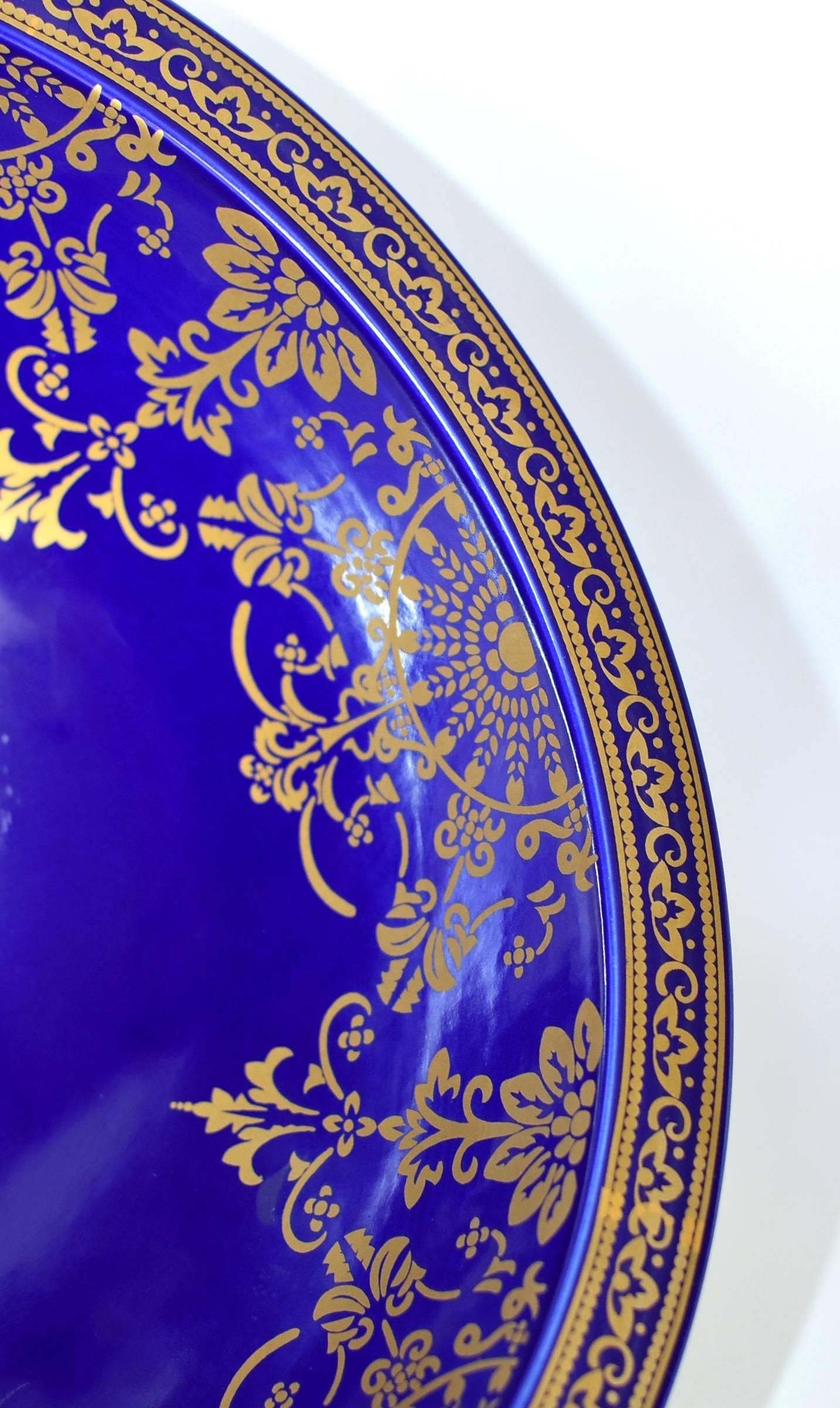 Contemporary Cobalt Blue Ceramic Sink with Gold Flora