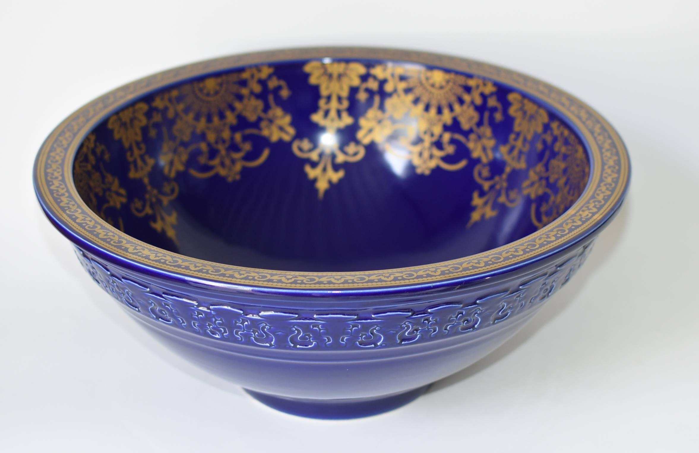 Hand-Painted Cobalt Blue Ceramic Sink with Gold Flora