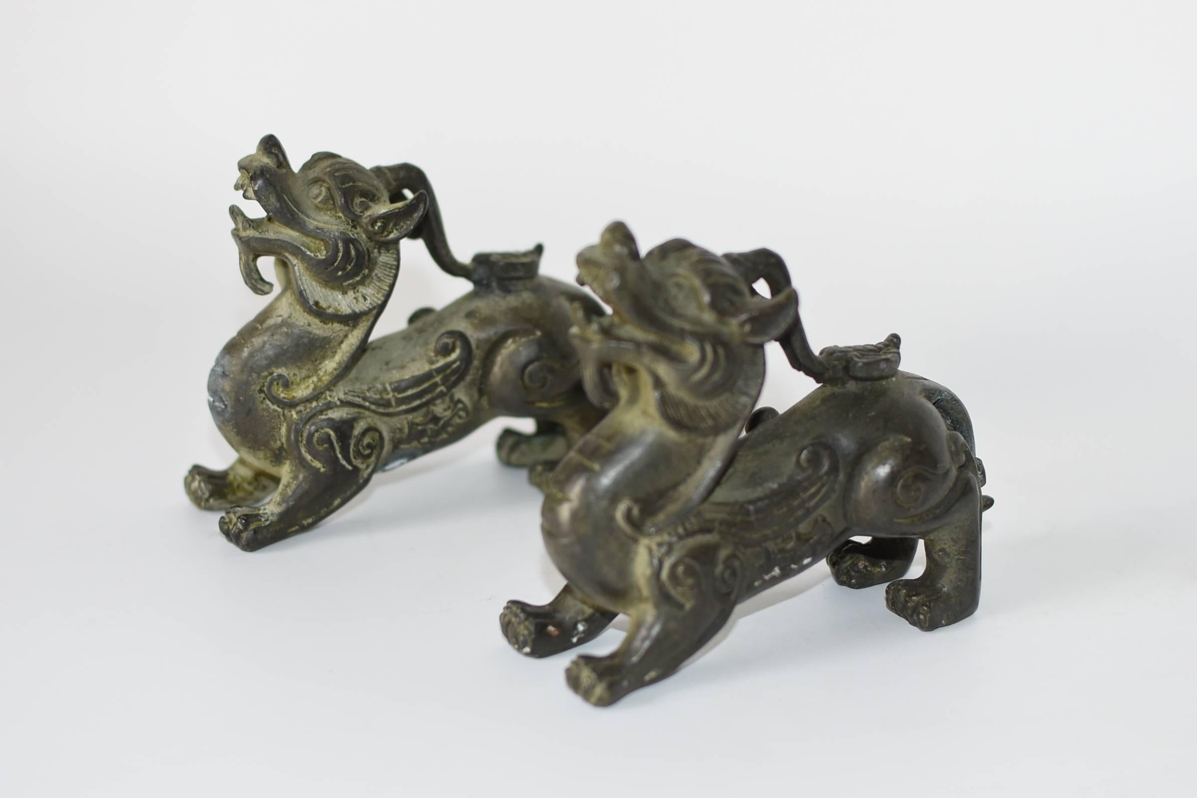 Pair of Bronze Pixiu Wealth Dragons, Paperweights In Good Condition In Somis, CA