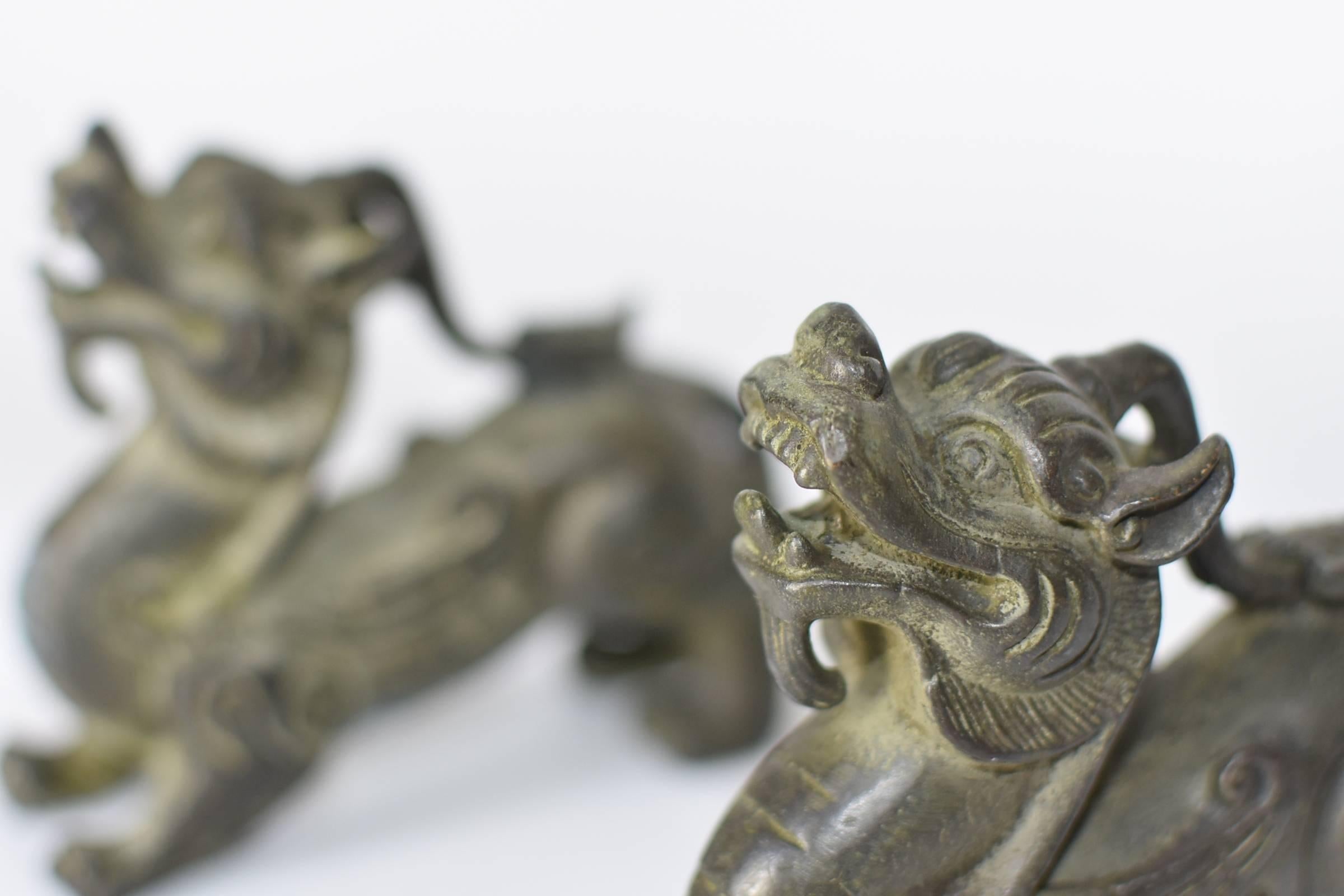 20th Century Pair of Bronze Pixiu Wealth Dragons, Paperweights