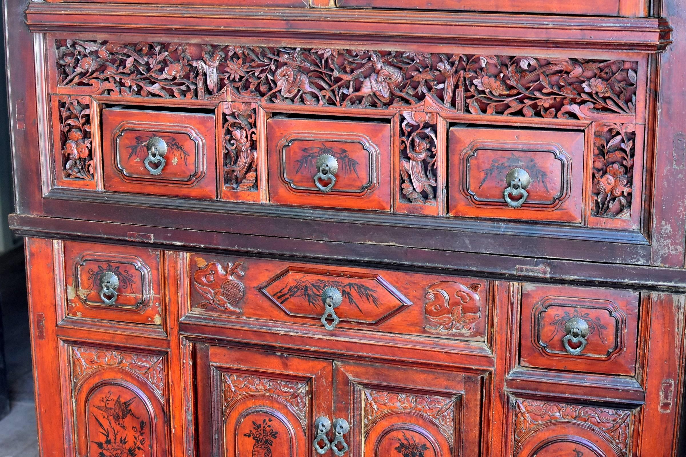 Wood Antique Fully Carved Scholar's Cabinet For Sale