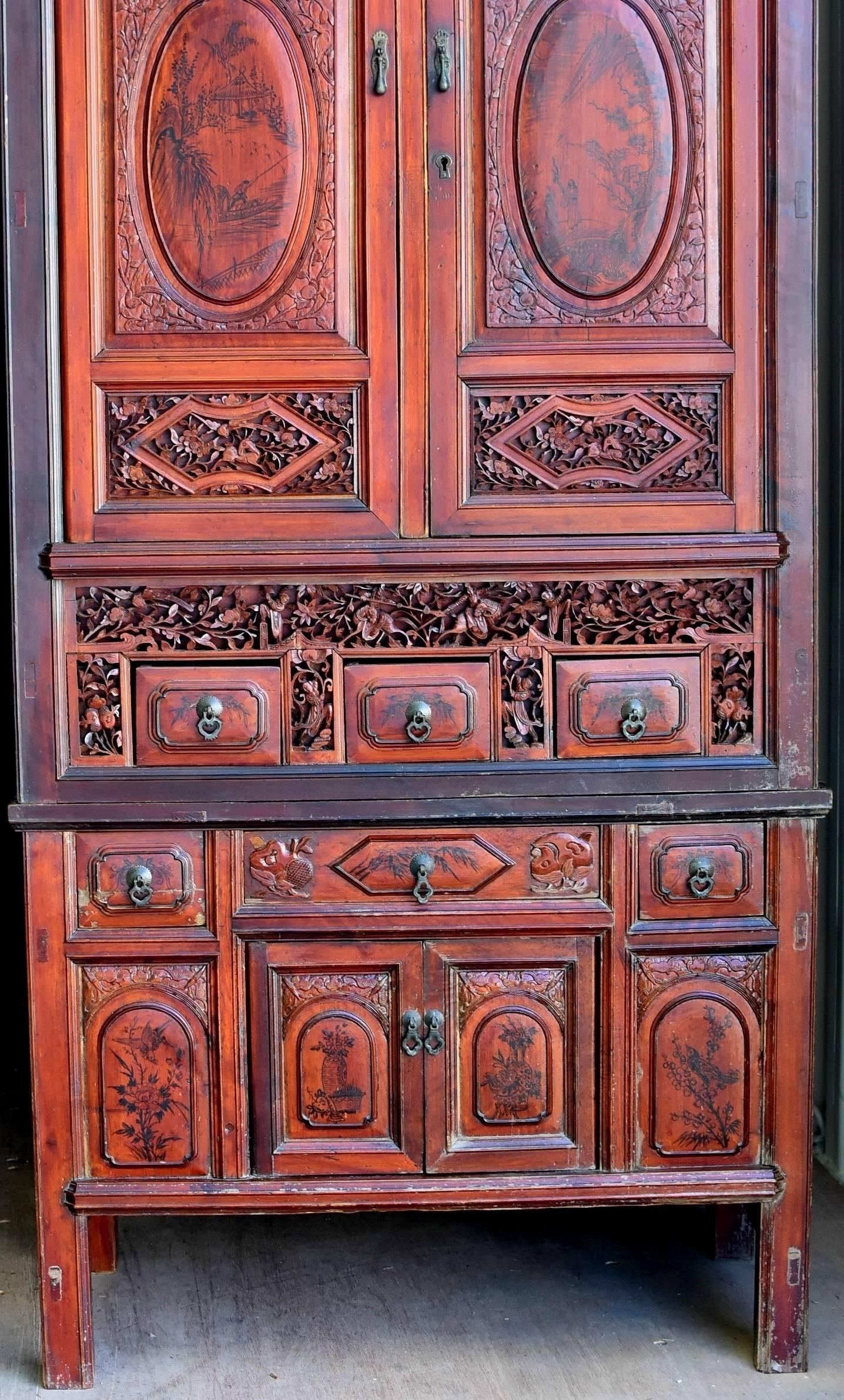 Antique Fully Carved Scholar's Cabinet In Good Condition For Sale In Somis, CA