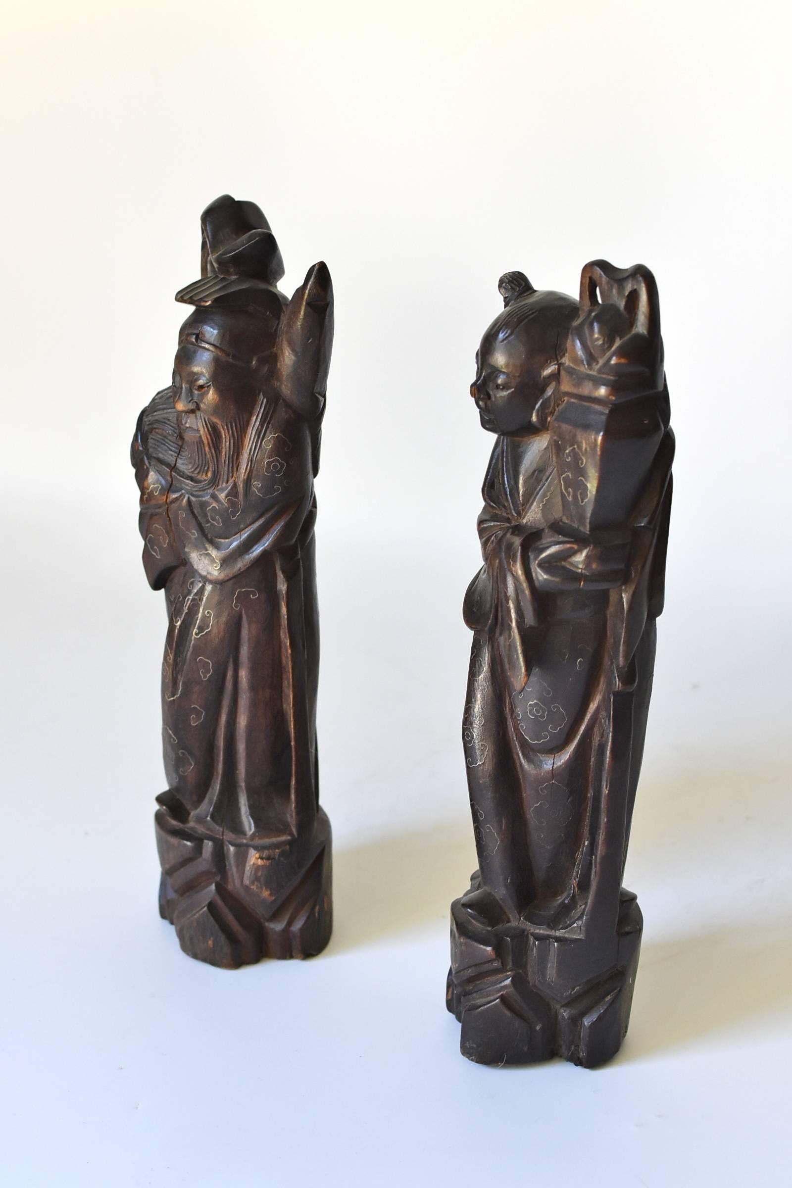Vintage Immortal Figures with Silver Inlay, Set of Two 4